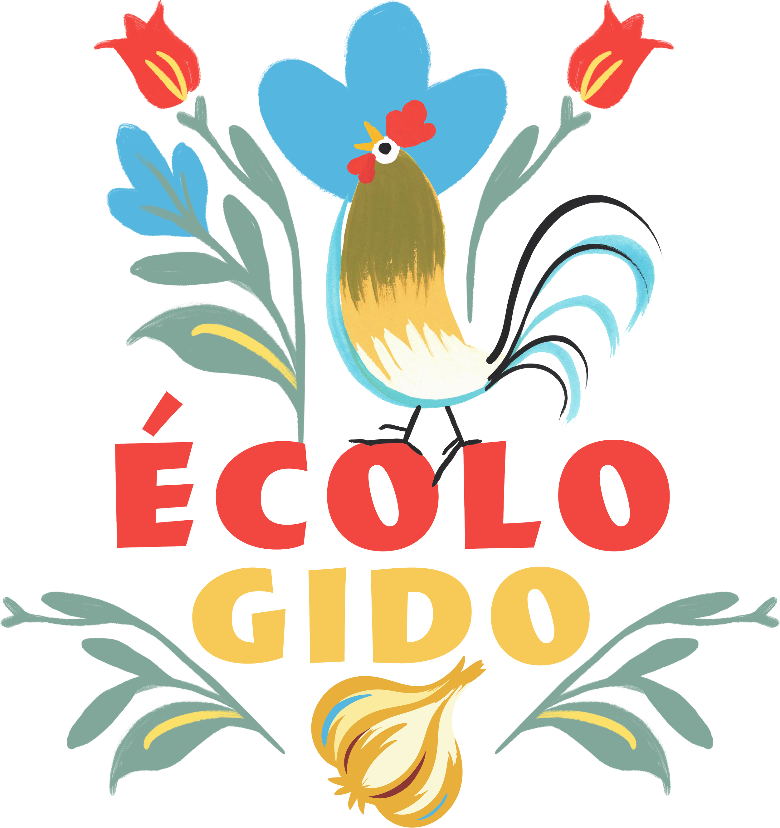 Colorful logo featuring a cartoon rooster standing on a white banner with the text 'ÉCOLO GIDO' in red and yellow, surrounded by green leaves and red flowers.