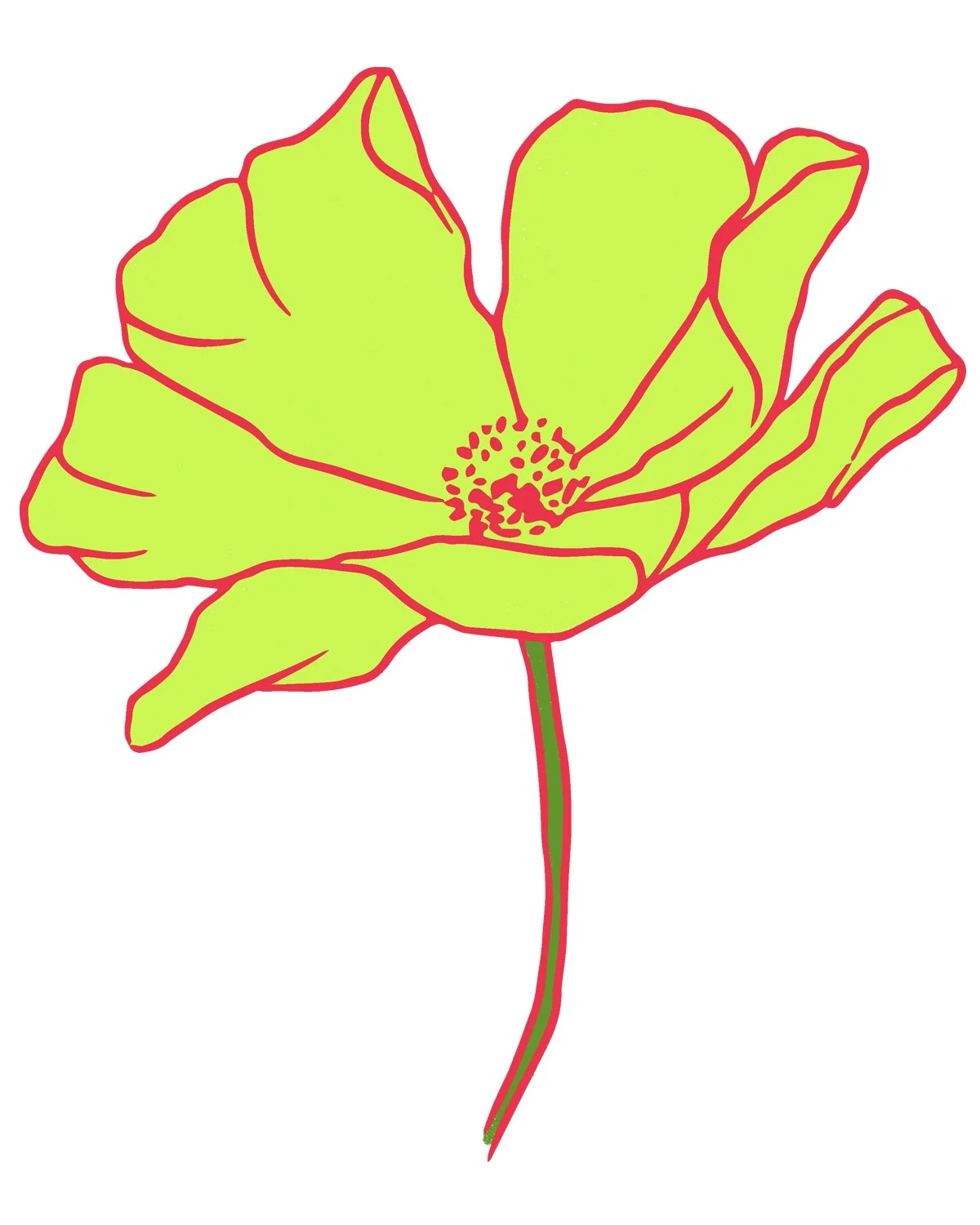 Outline of a bright green poppy flower with red accents on white background.