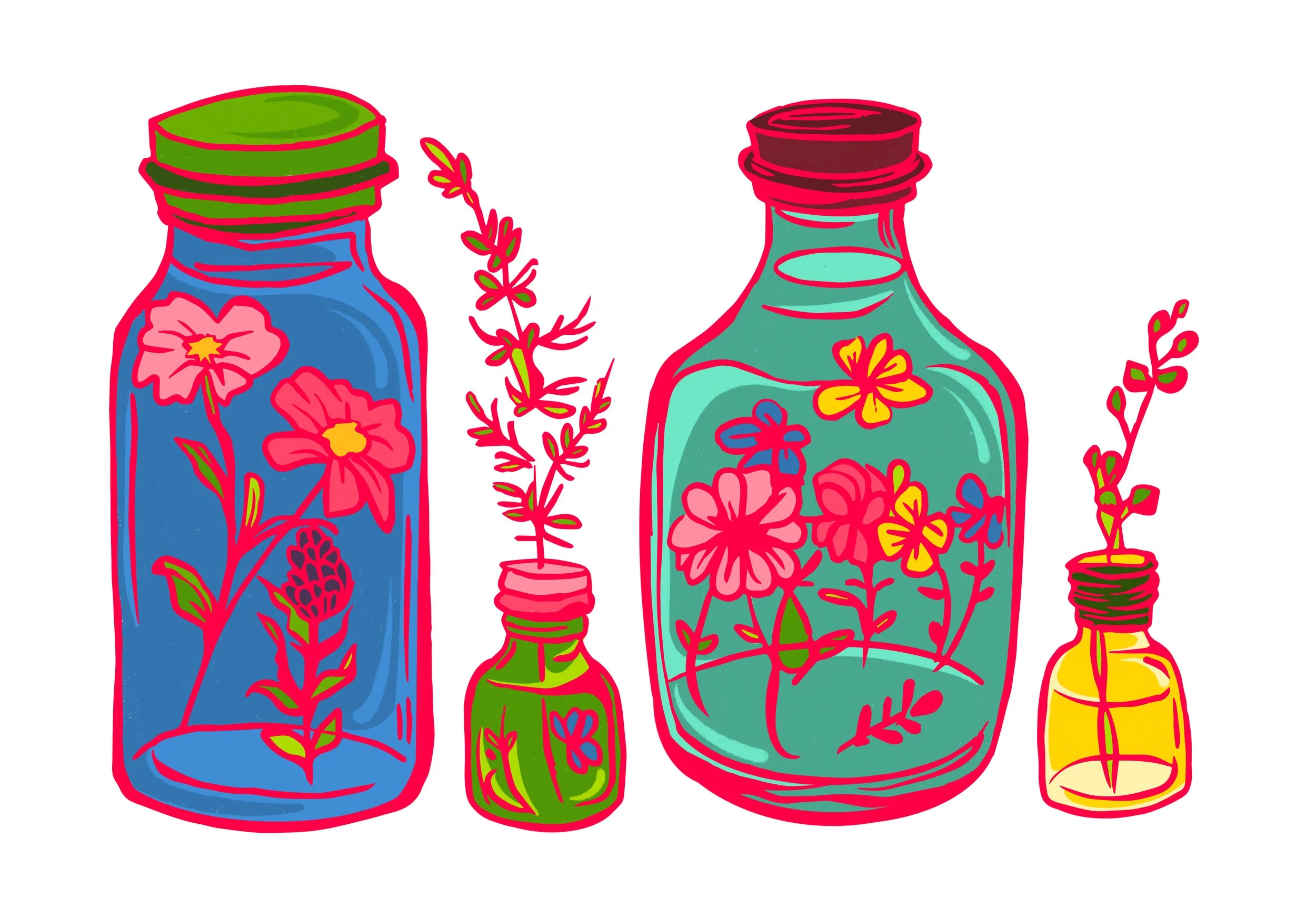 Four colorful glass bottles with floral and botanical designs, containing flowers and plants.