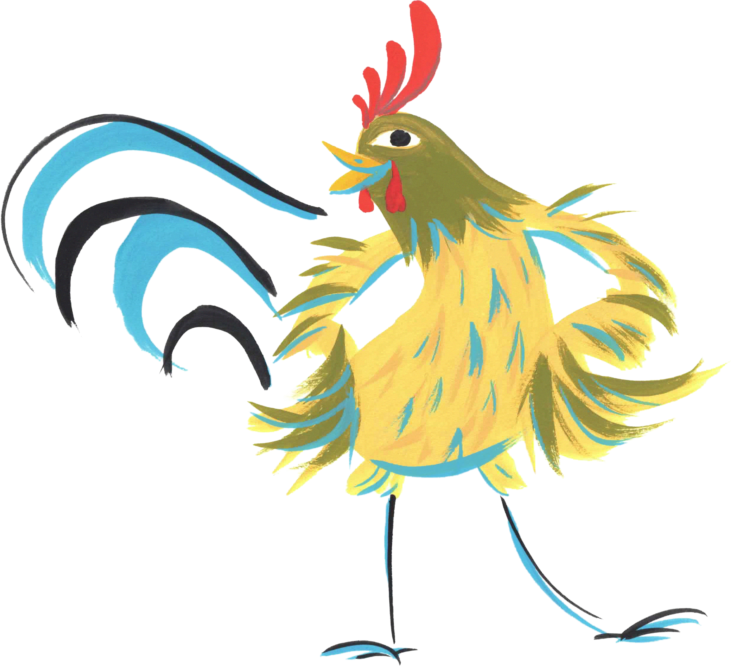 A colorful drawing of a rooster standing in front of computer monitors.