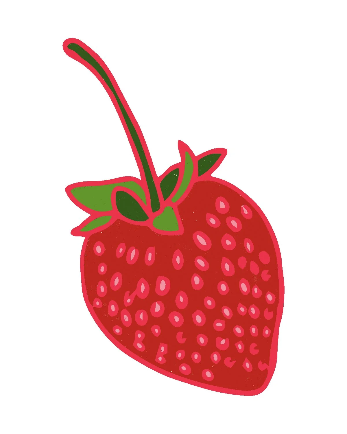 A digital illustration of a strawberry with green leaves and stem, outlined in red.