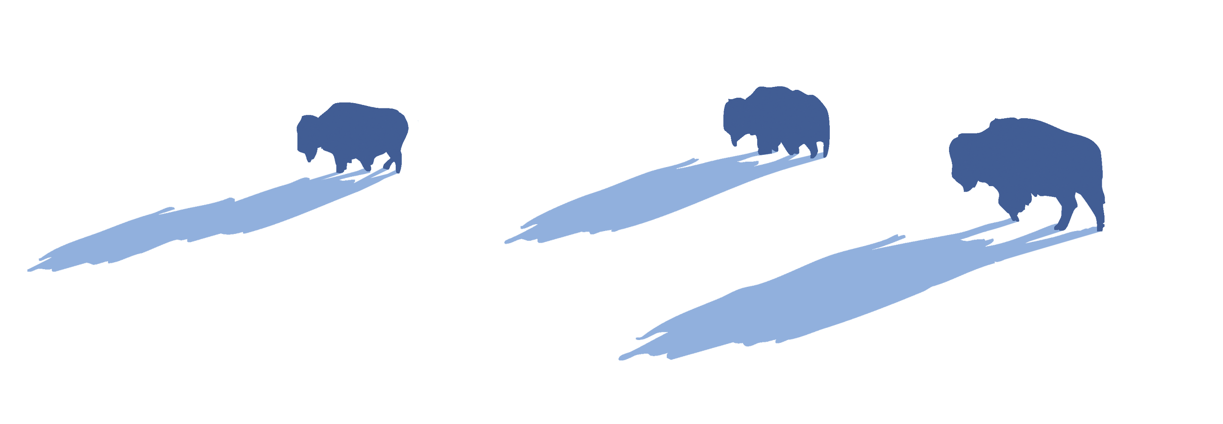 Three bison silhouettes walking on a hill, casting long shadows.