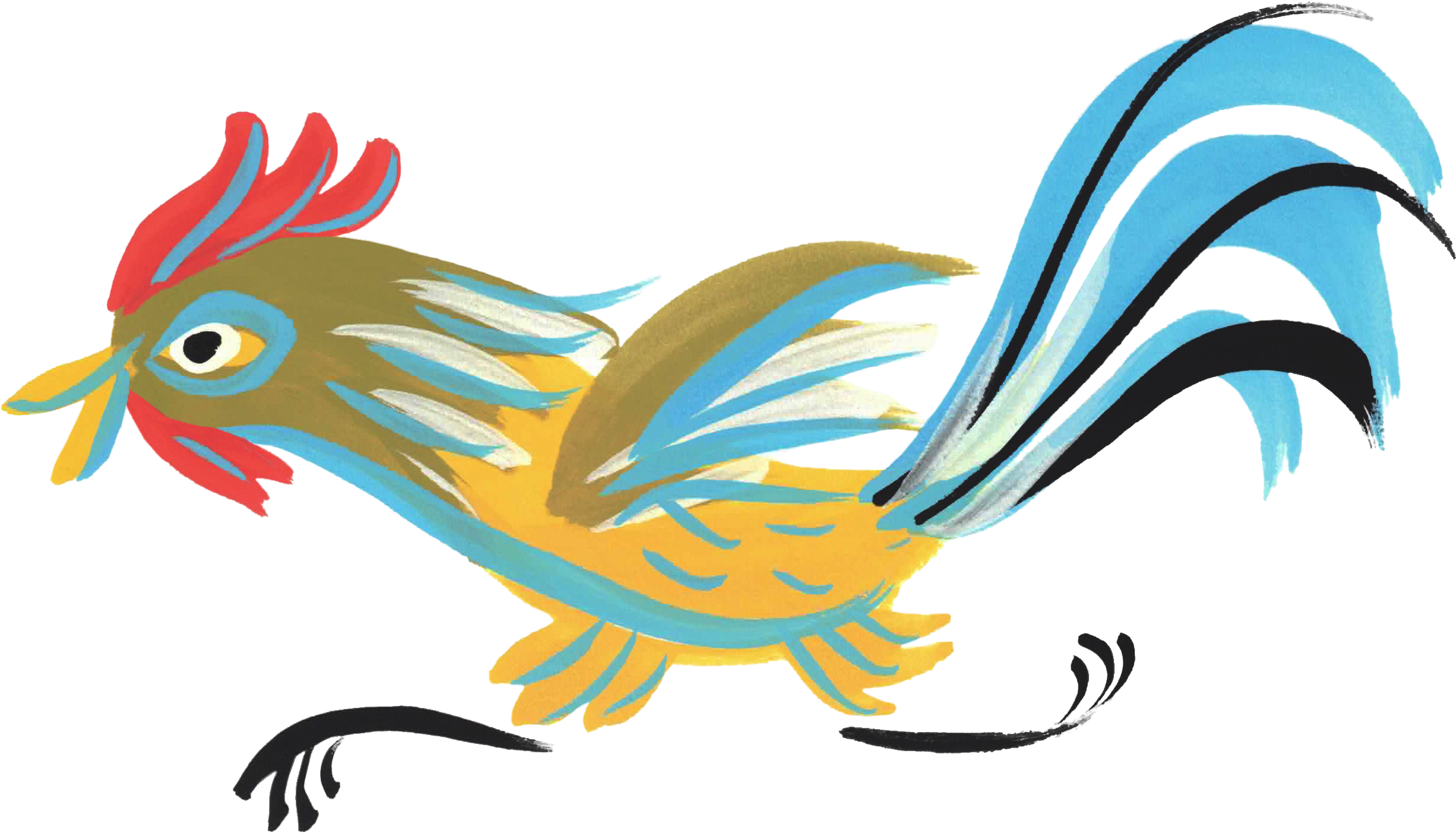 Colorful illustration of a rooster with a vibrant yellow body, red comb, and a tail featuring shades of blue, black, and white.