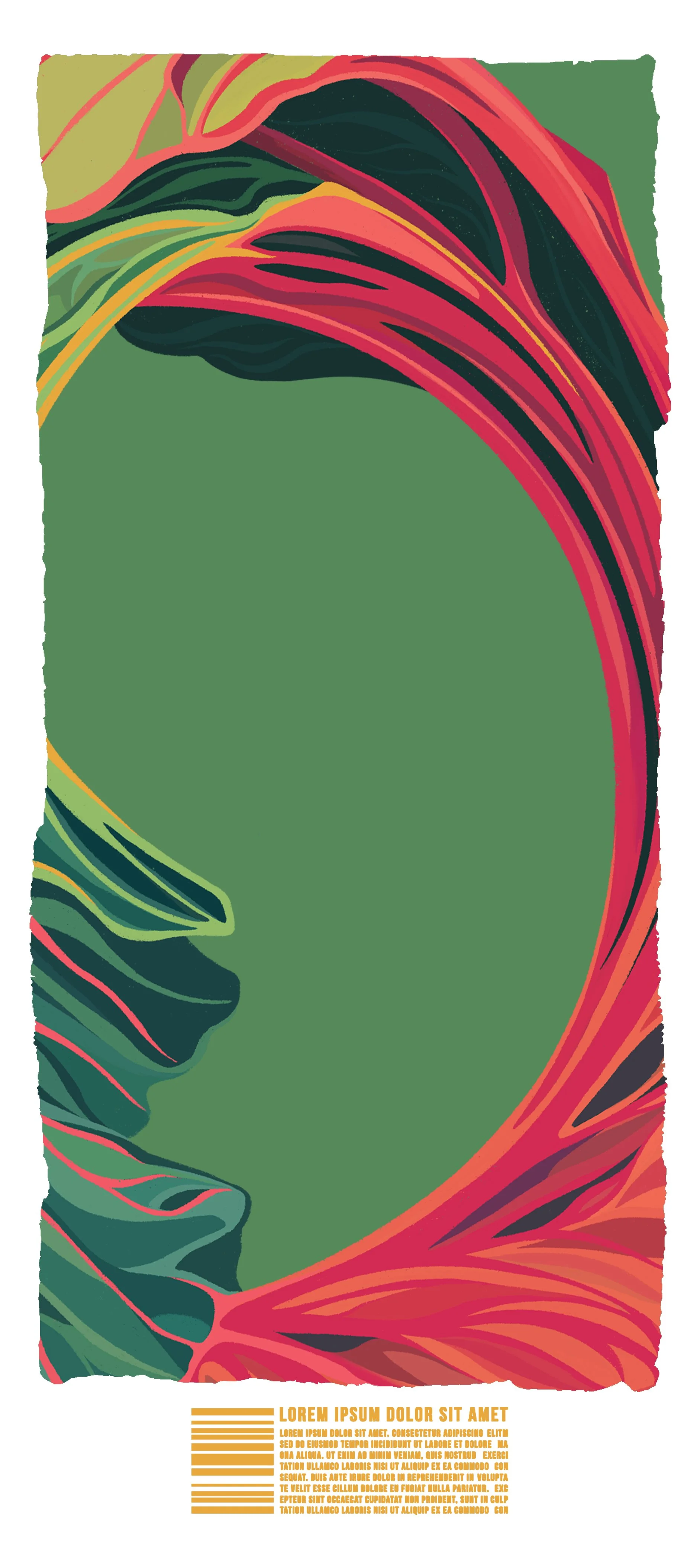 Colorful abstract floral design with large red and green leaf patterns on a solid green background, featuring a placeholder text at the bottom.