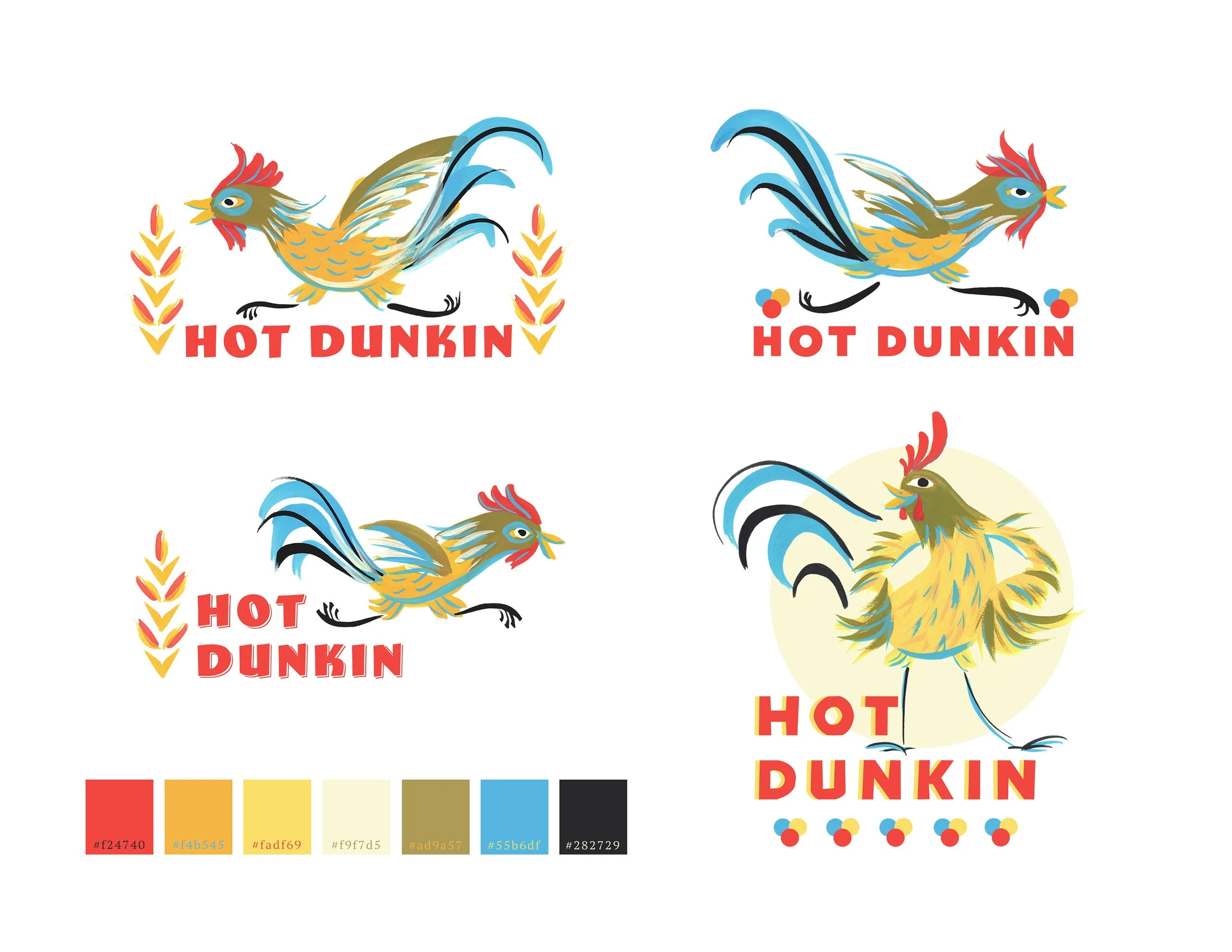 Four different illustrations of stylized roosters with the text "Hot Dunkin" beneath each rooster. The roosters are colorful, with shades of yellow, blue, red, and black, and are depicted in various dynamic poses. A color palette at the bottom shows the colors used in the designs, including red, yellow, cream, brown, blue, and black.