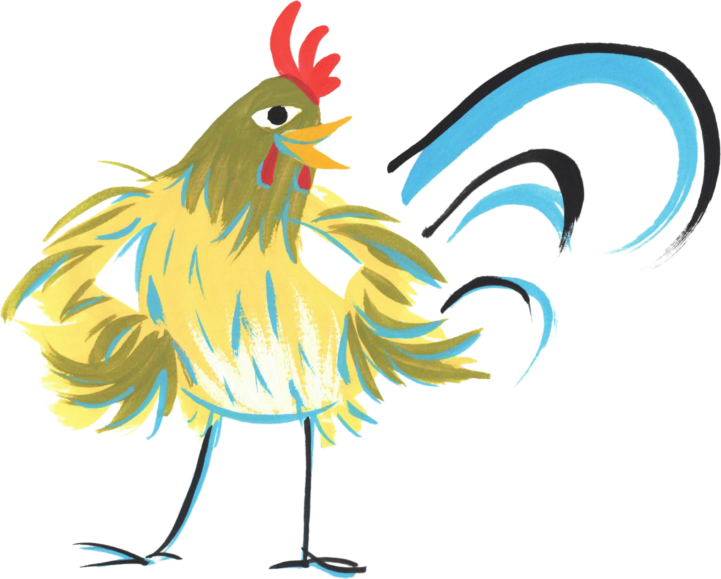 Illustration of a rooster with yellow feathers, a red comb, and a blue tail, standing on one leg.