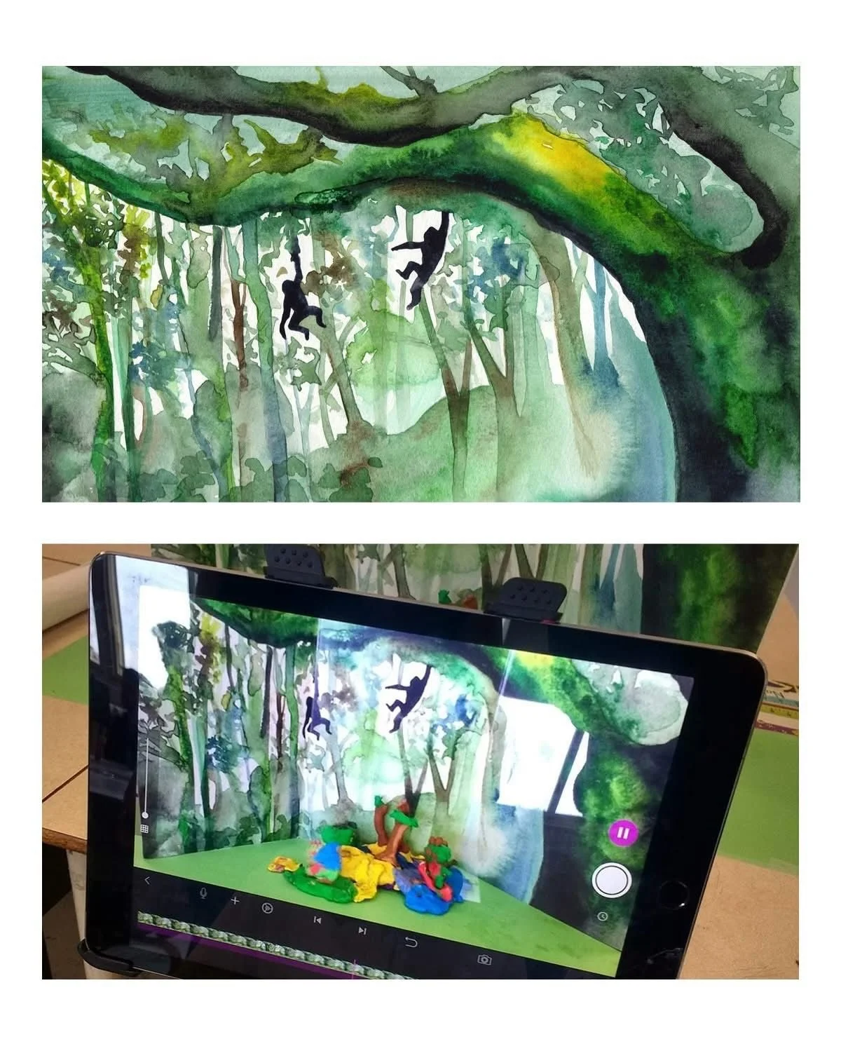 A collage showing a watercolor painting of a jungle scene with silhouettes of monkeys, and an animated version of the same scene on a tablet screen with clay figures in the foreground.