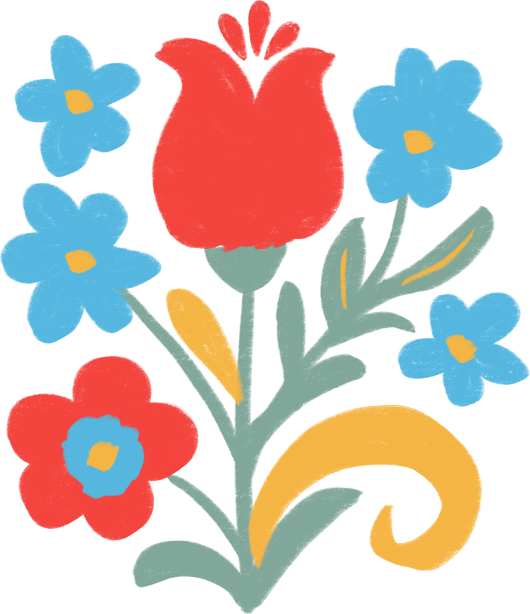 Stylized illustration of a bouquet of flowers, including a large red flower at the center, surrounding smaller blue flowers, with yellow leaves and green stems.