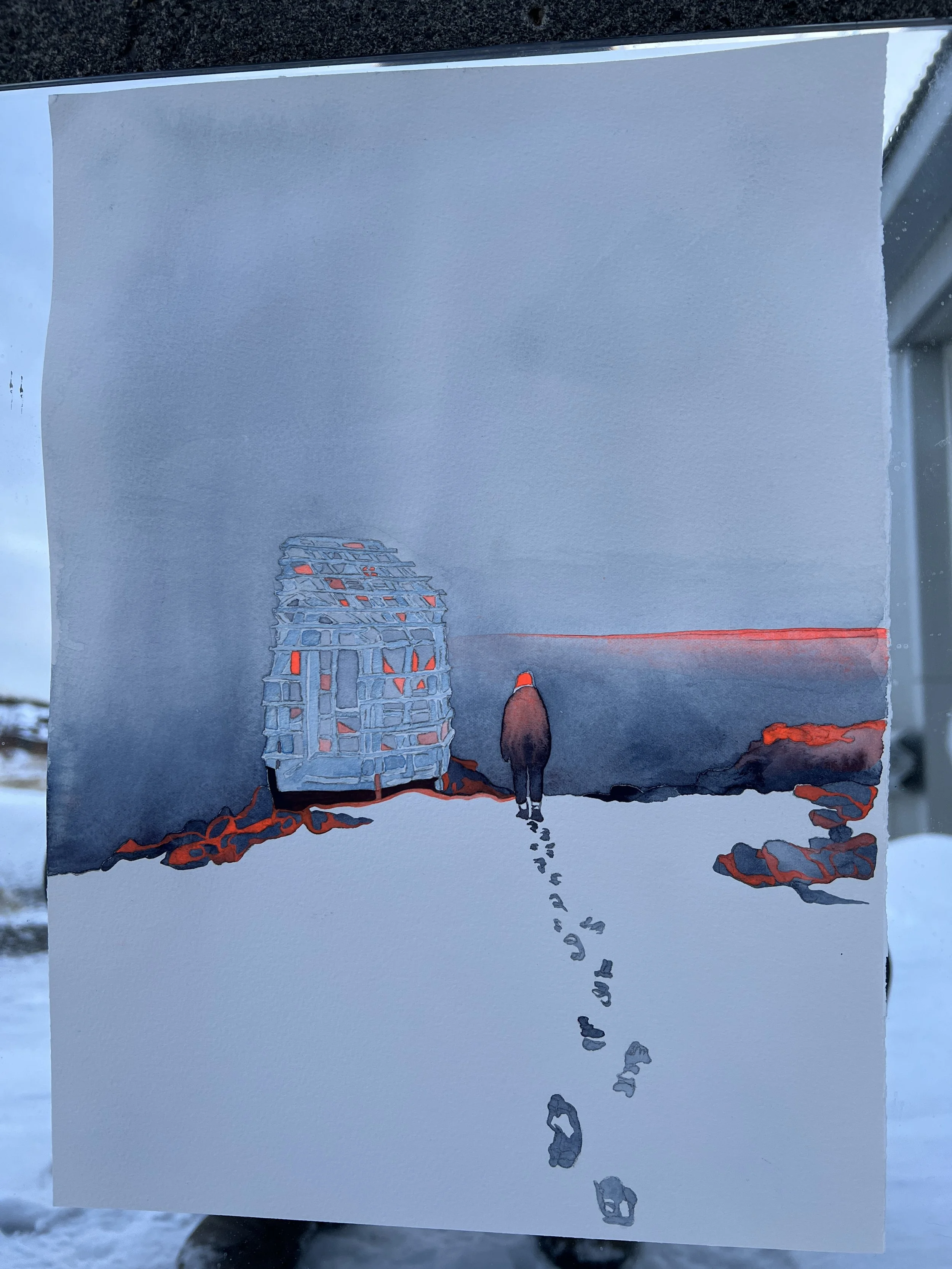 A painting of a person walking towards a lighthouse on snowy terrain during sunset, with footprints leading to the lighthouse and an orange-red glow on the coastline.