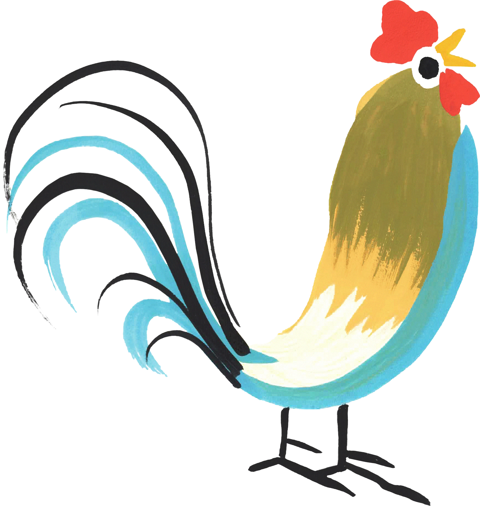 Colorful abstract rooster illustration with a stylized tail and a red comb.