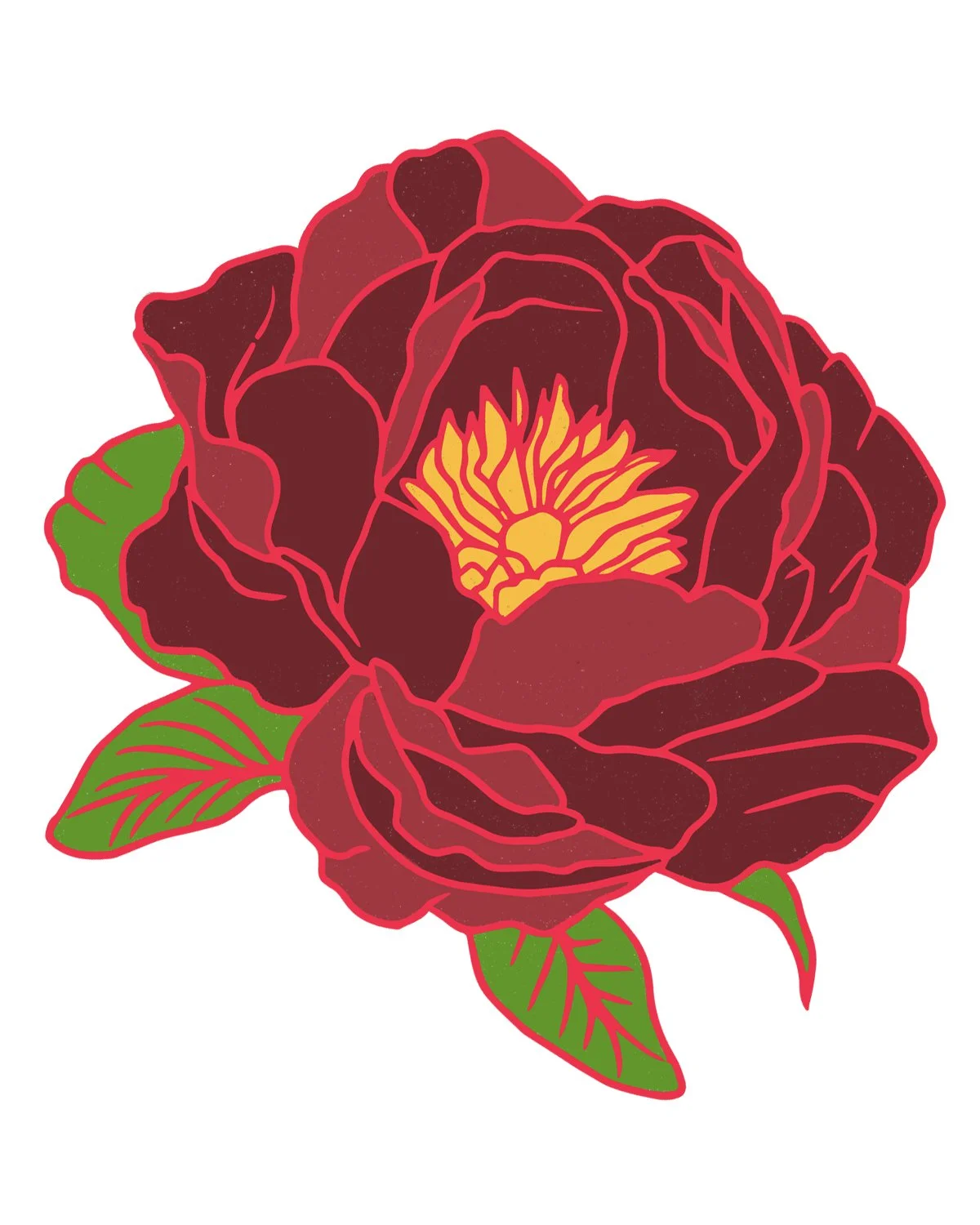 Illustration of a red rose with dark red petals, green leaves, and yellow accents in the center.
