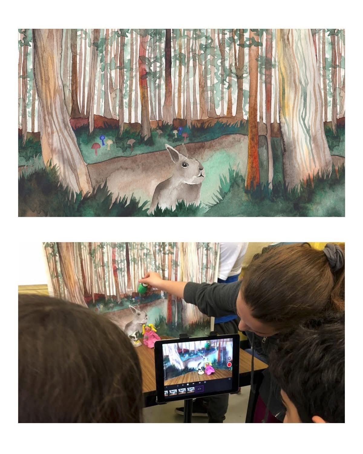 Children filming a puppet show of a rabbit in a forest scene with trees and mushrooms.