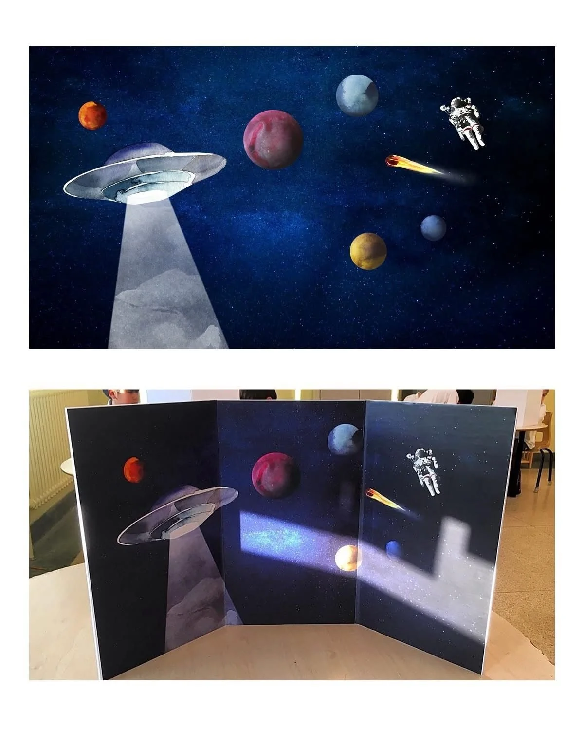A space-themed poster depicts planets, an astronaut, and a spaceship shooting a laser beam, with the scene displayed both flat and folded to show the full design.