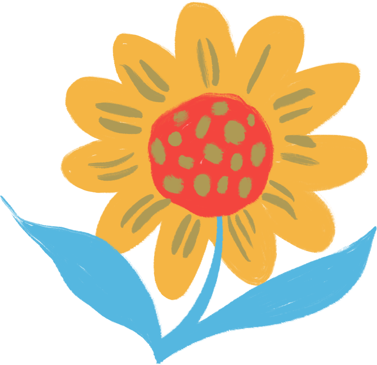 A colorful, abstract drawing of a yellow flower with a red center and blue leaves.