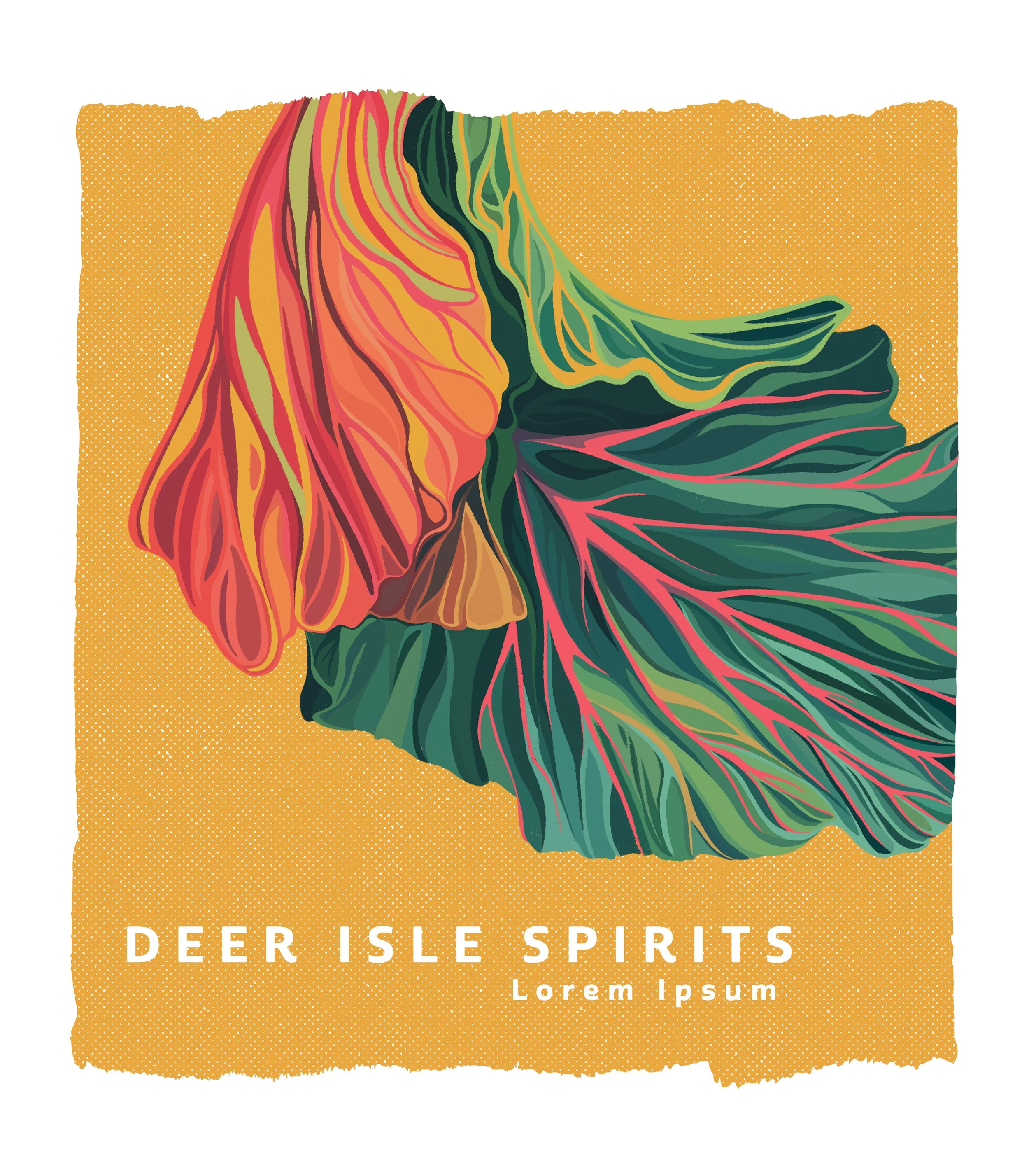 Colorful, stylized illustration of a leaf with red, orange, green, and pink veins against a yellow dotted background. Text reads 'Deer Isle Spirits' and 'Lorem Ipsum'.