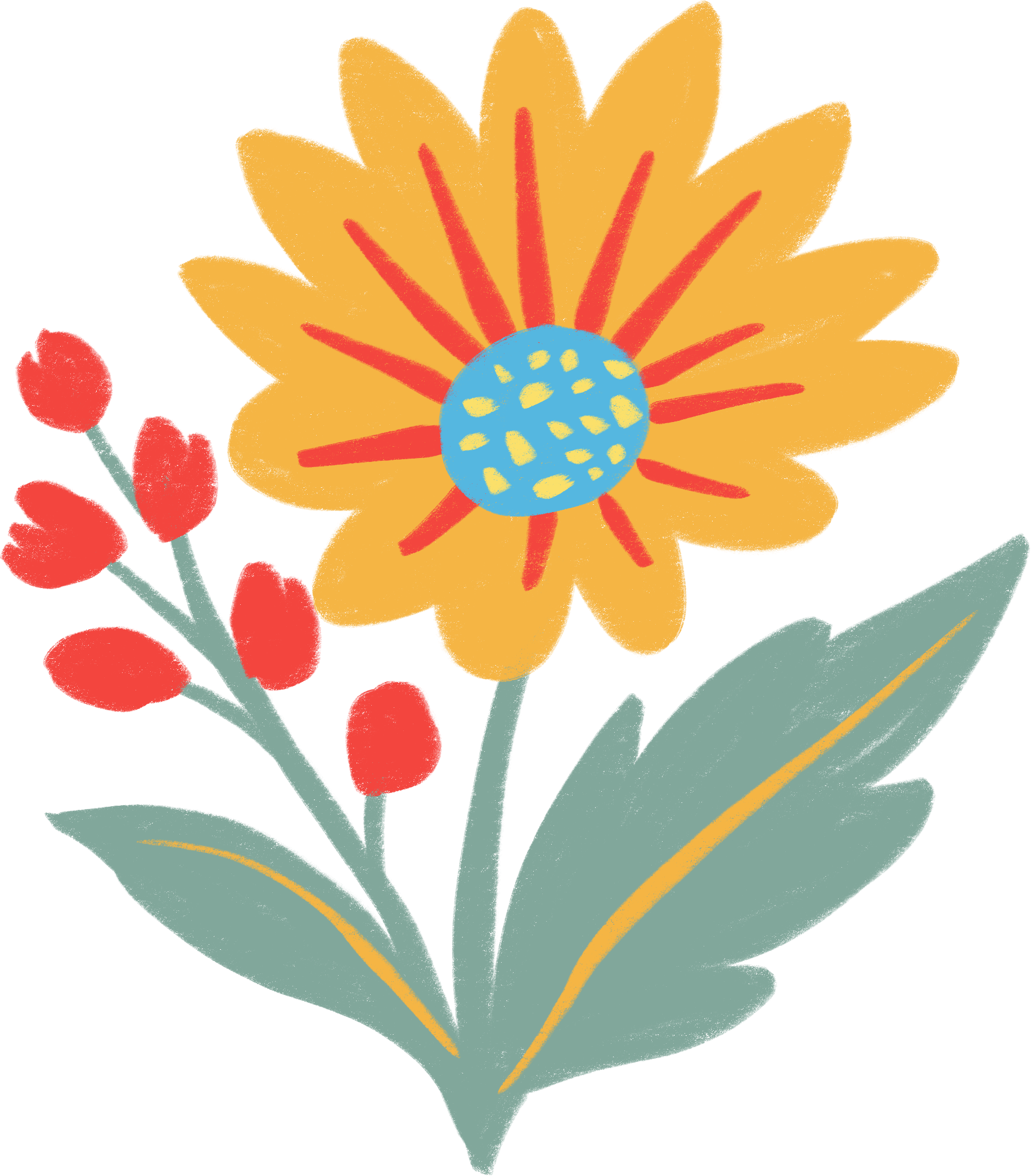 Illustration of a yellow flower with orange streaks and a blue center with yellow spots, along with green leaves and red buds.