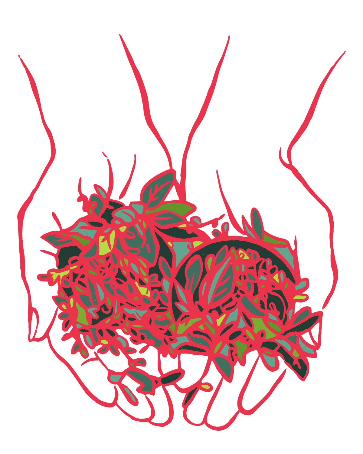Outline drawing of two hands holding a bowl filled with assorted leaves and flowers in a colorful, stylized art style.