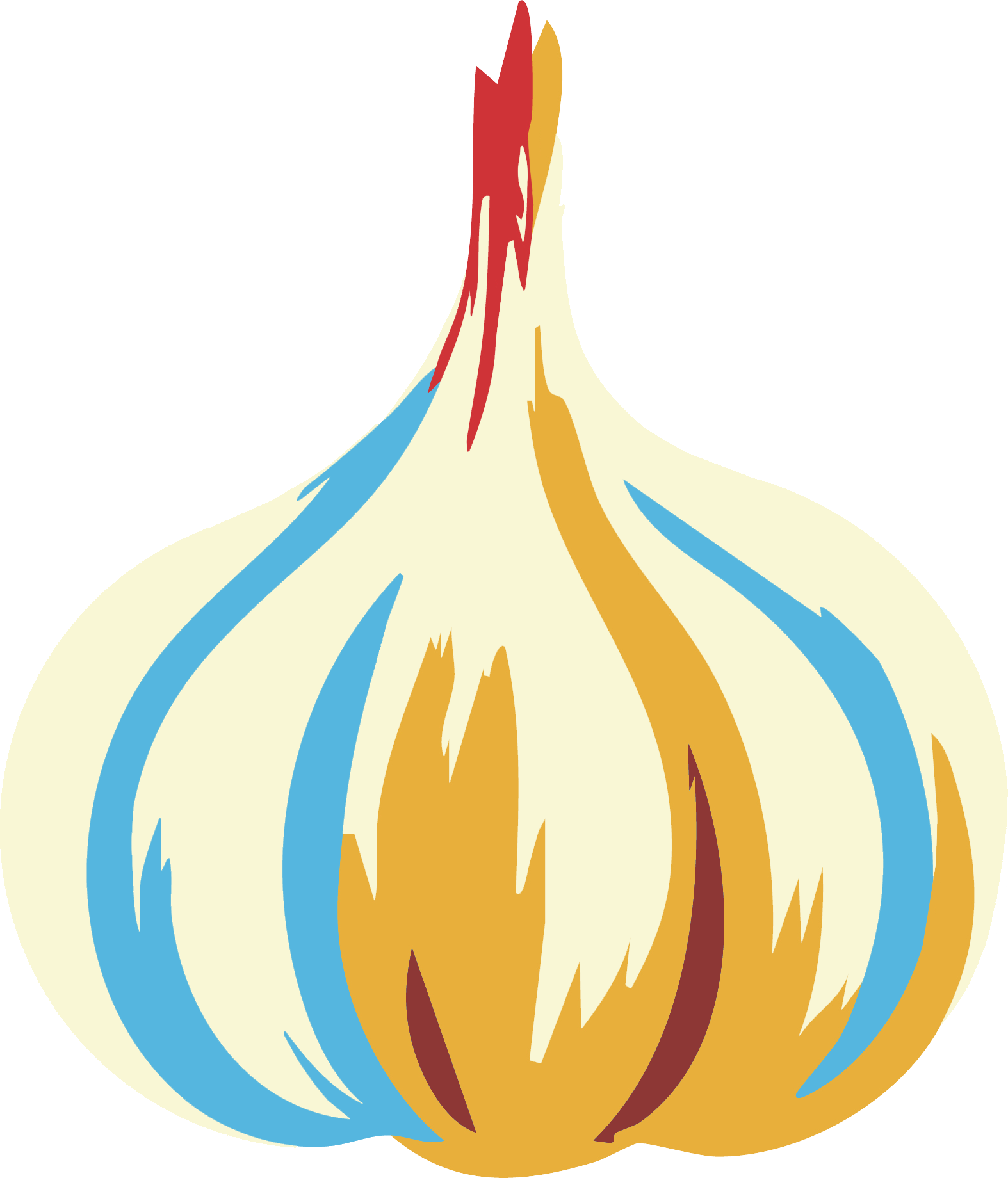 Illustration of a volcano erupting with red lava, brown and gold flames, blue and yellow smoke.