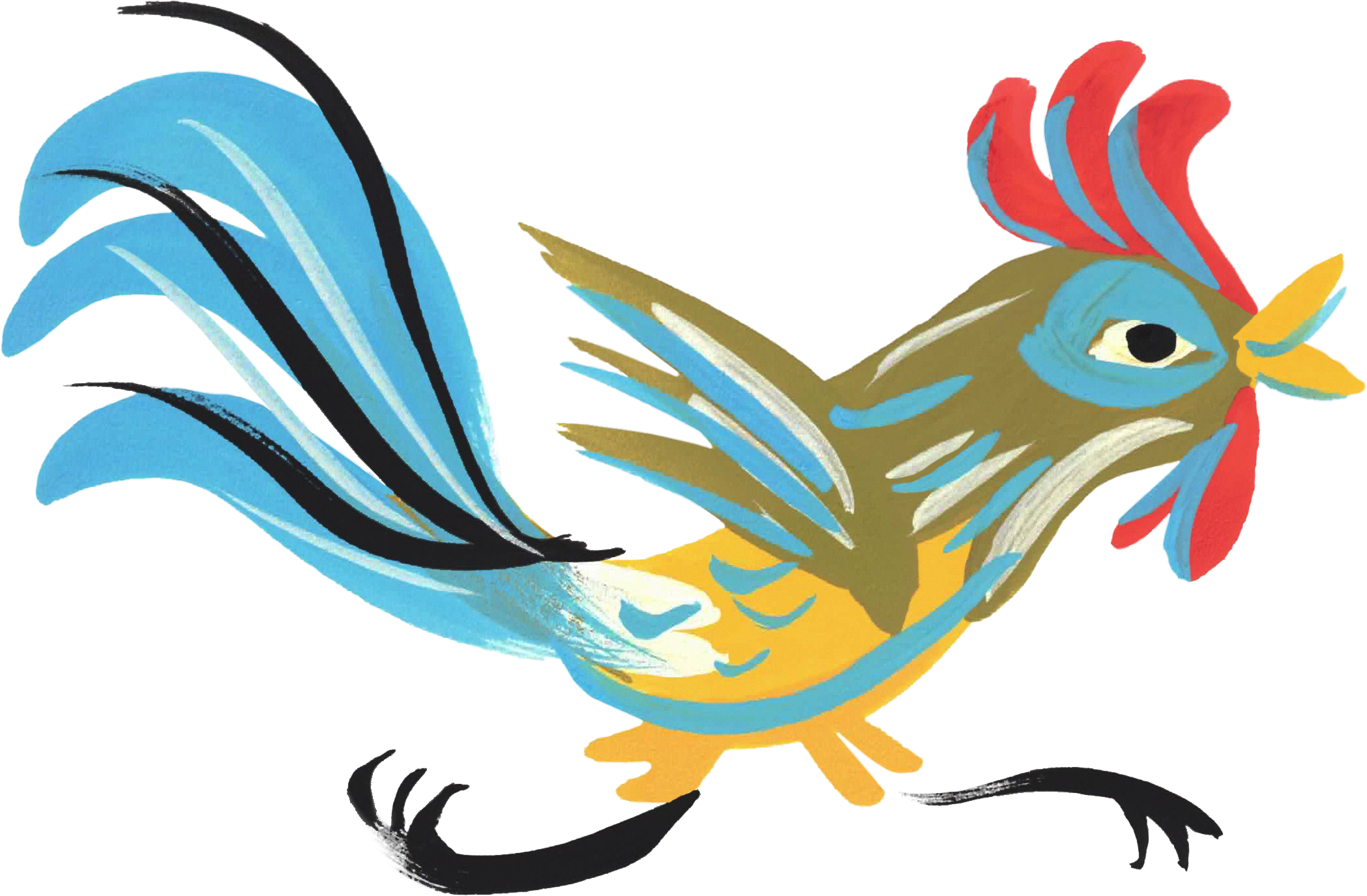 Stylized illustration of a colorful bird with blue, red, and yellow feathers, standing on a light blue background.