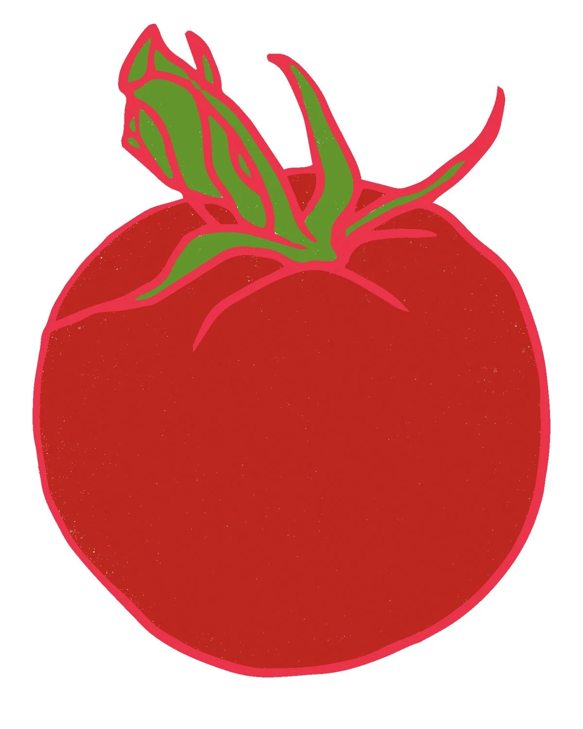 Digital illustration of a red tomato with green leaves and stem.