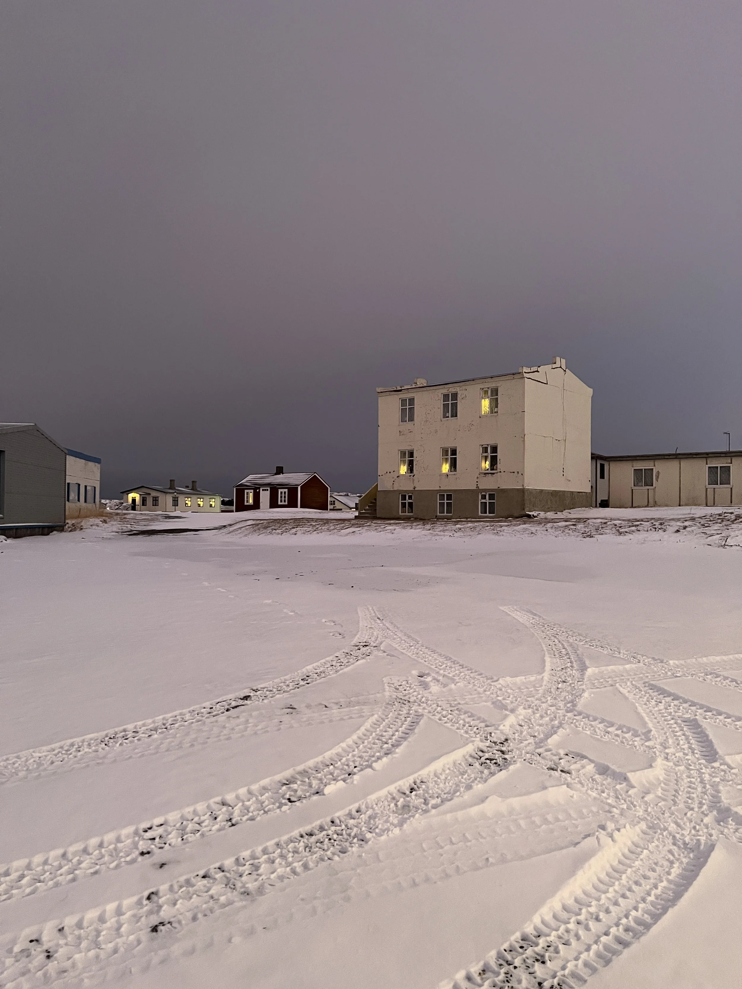 Snow-covered ground with tire tracks, several houses with illuminated windows, and a dark, cloudy sky.