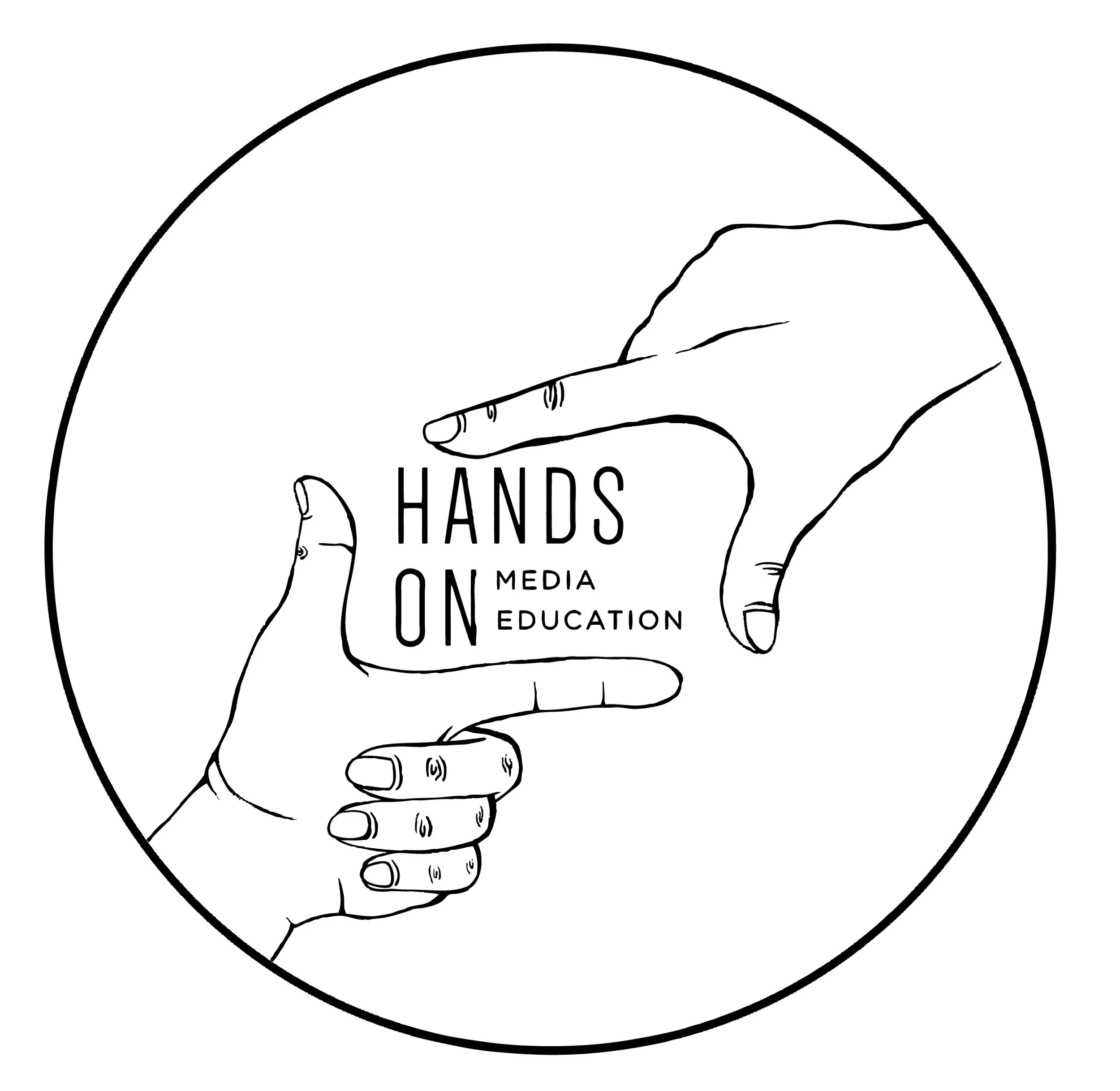 Black and white illustration of two hands framing the words "Hands On Media Education" inside a circular border.