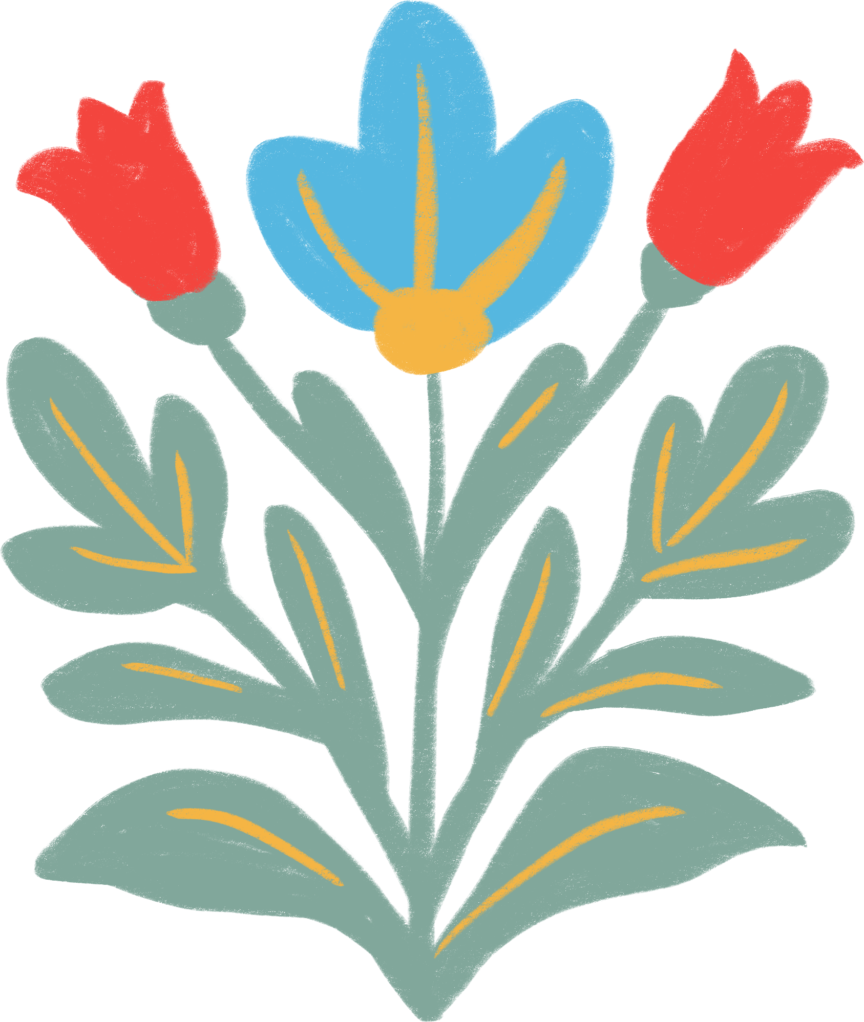 A simple, colorful illustration of a blue flower with a yellow center, surrounded by green leaves with yellow accents.