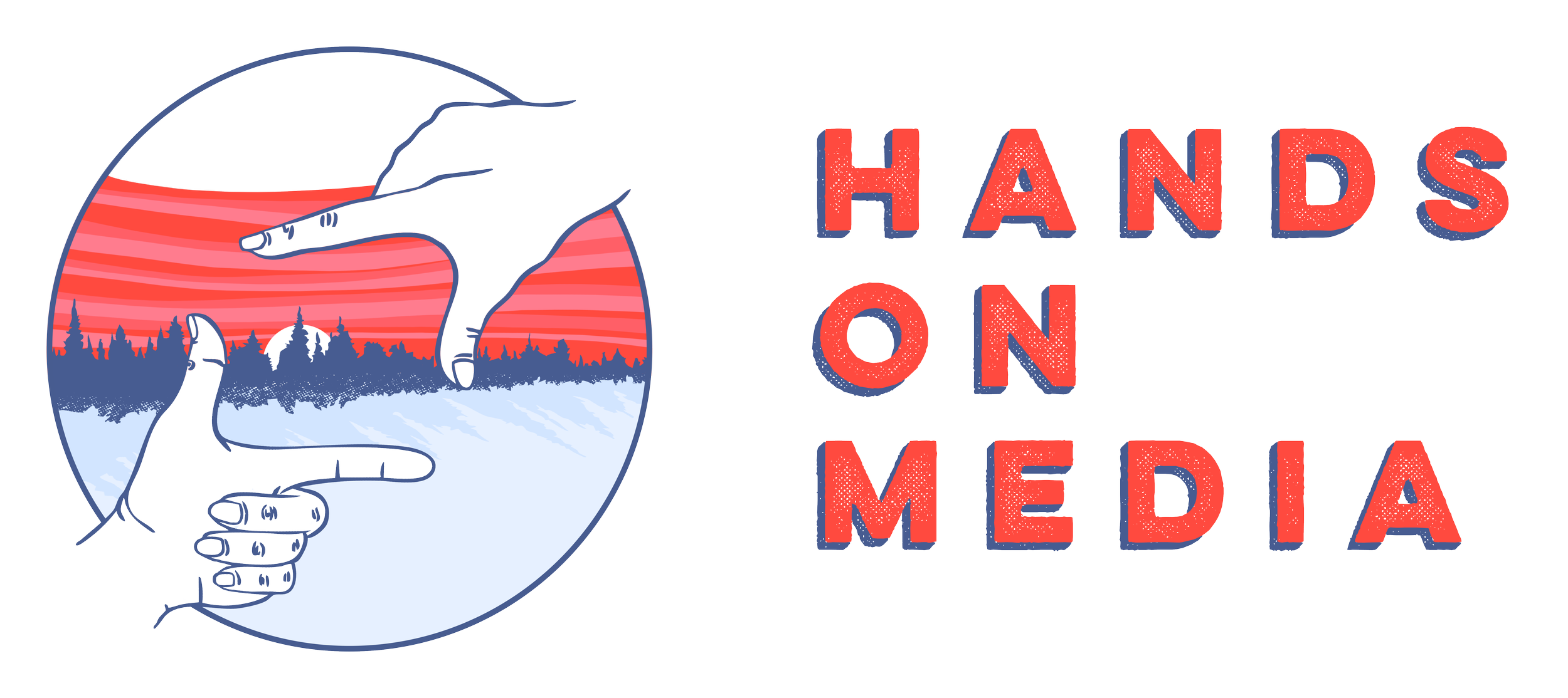 Graphic of a person's head with a hand covering the mouth, with landscape inside the head, and the text 'Hands on Media' in bold red and blue letters.