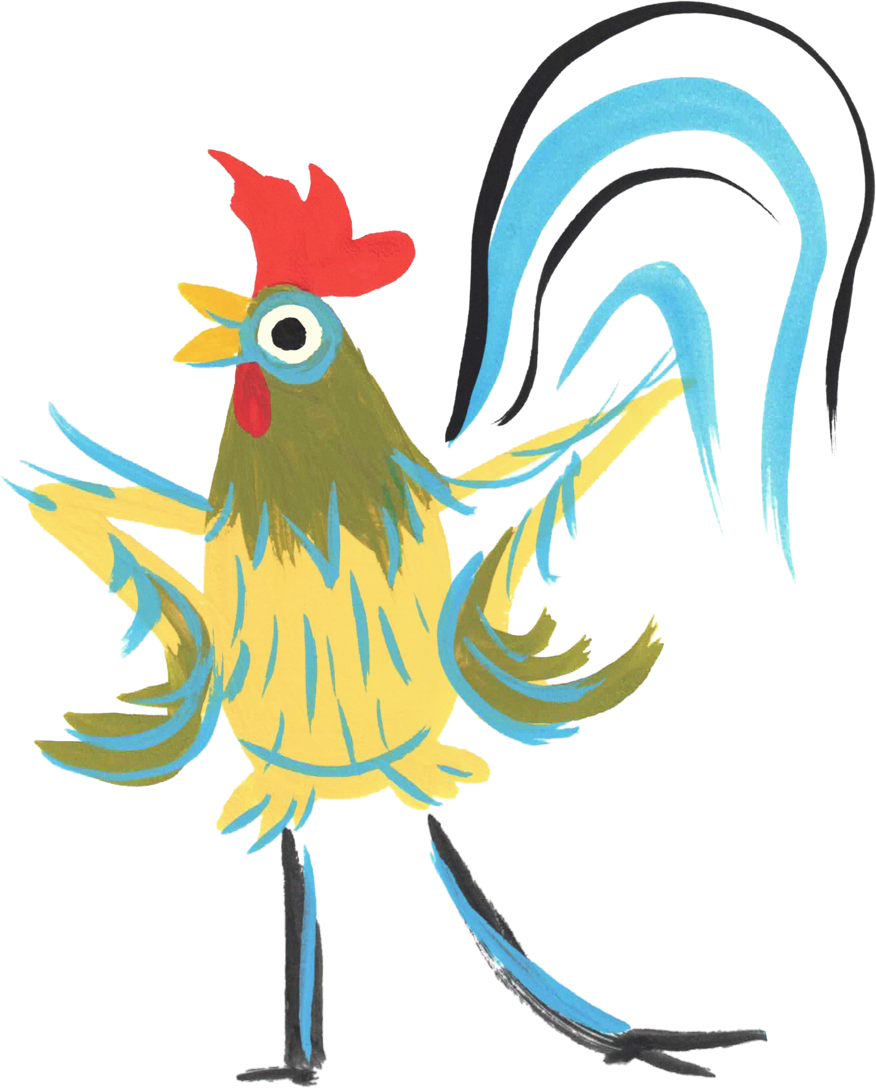 An artistic illustration of a rooster with a colorful tail, red comb, and green and yellow body.