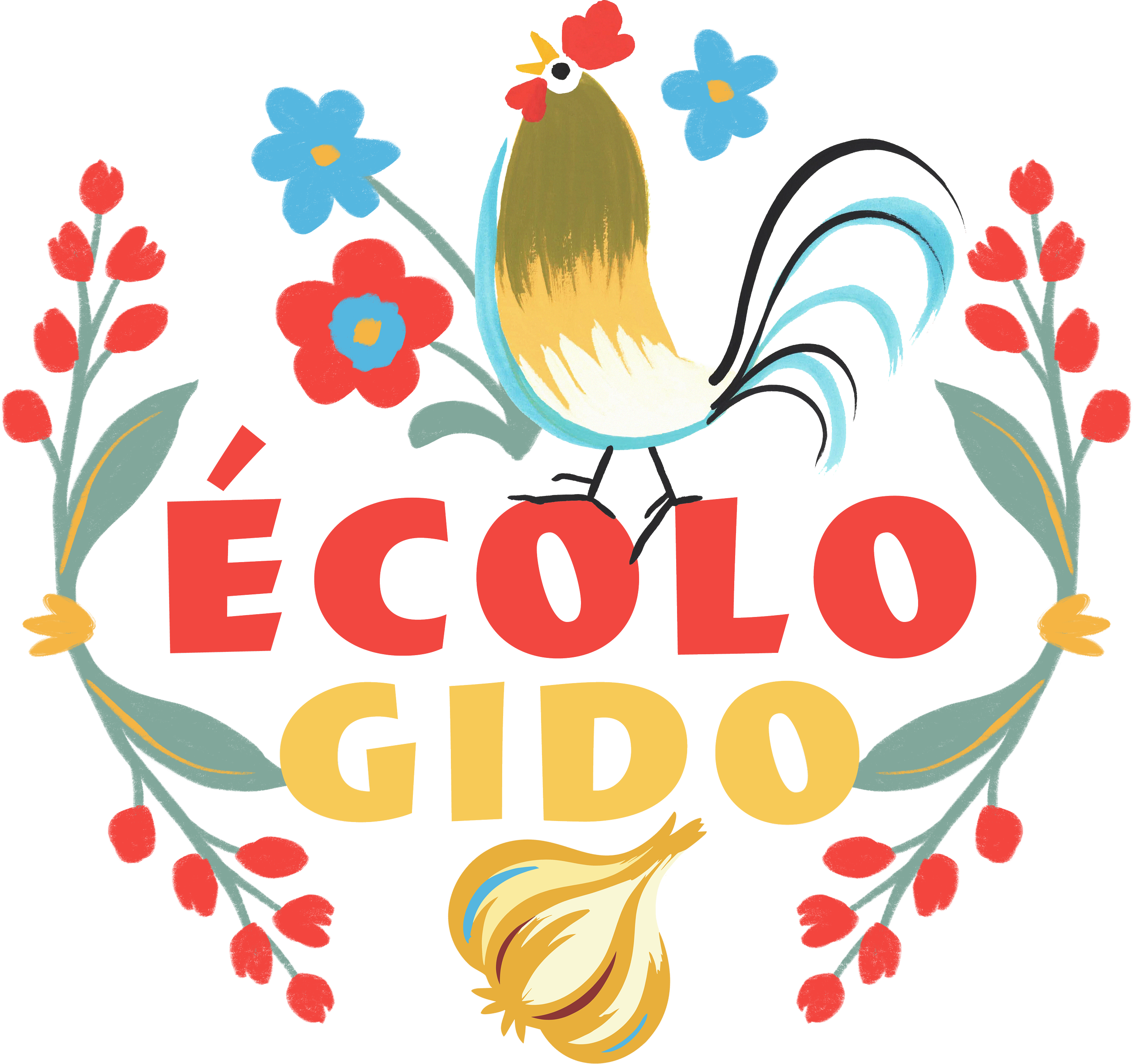 Colorful illustration of a rooster standing on the words 'Ecolo Gido', with flowers and leaves surrounding the text and rooster.