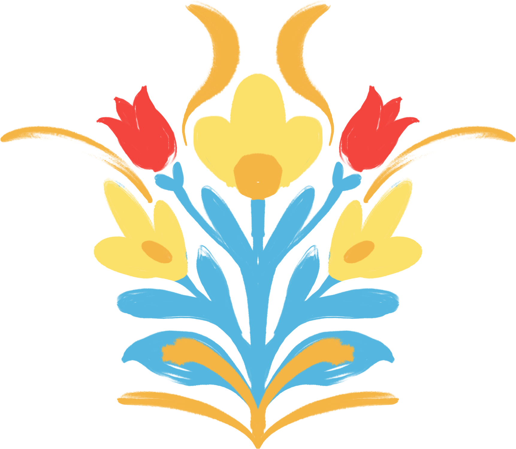 A colorful floral illustration with blue, yellow, red, and orange flowers and leaves arranged in a symmetrical pattern.
