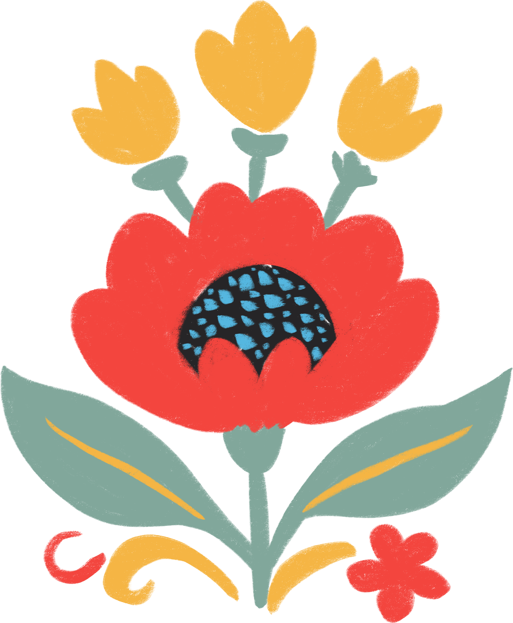 Stylized drawing of a flower with a large red petal resembling a mouth with blue and black tongue and teeth, yellow and light blue smaller petals, light green stem, and leaves.