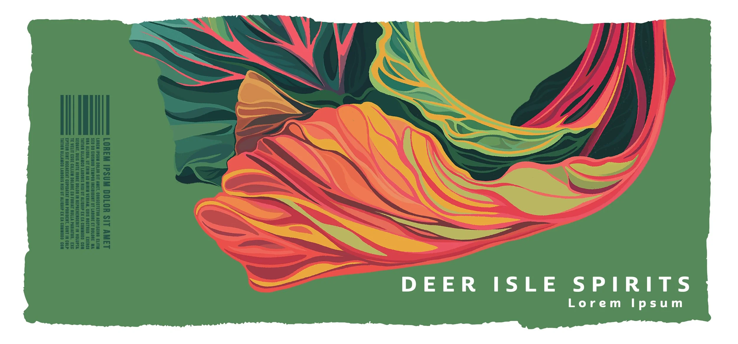 Colorful abstract leaf design on a green background with text that says "Deer Isle Spirits" and "Lorem Ipsum".
