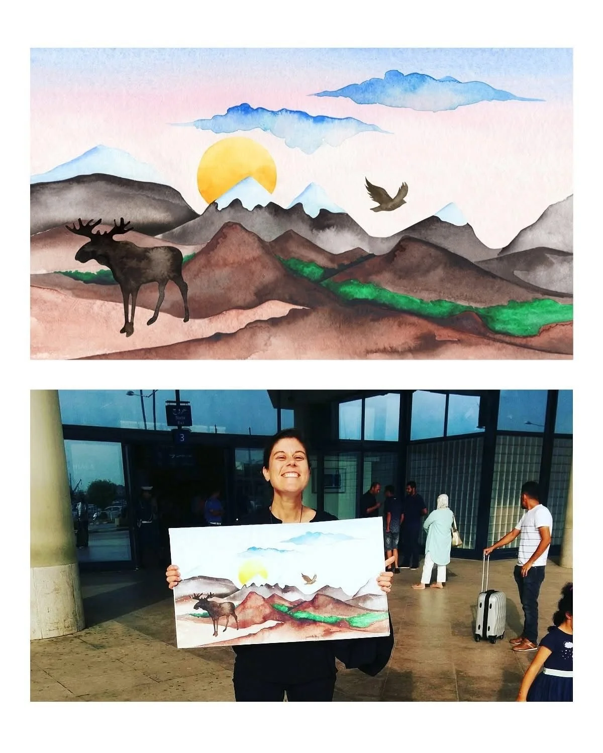 A woman holding a watercolor painting of a mountain landscape with a sun, clouds, a moose, and a bird, smiling at an airport.