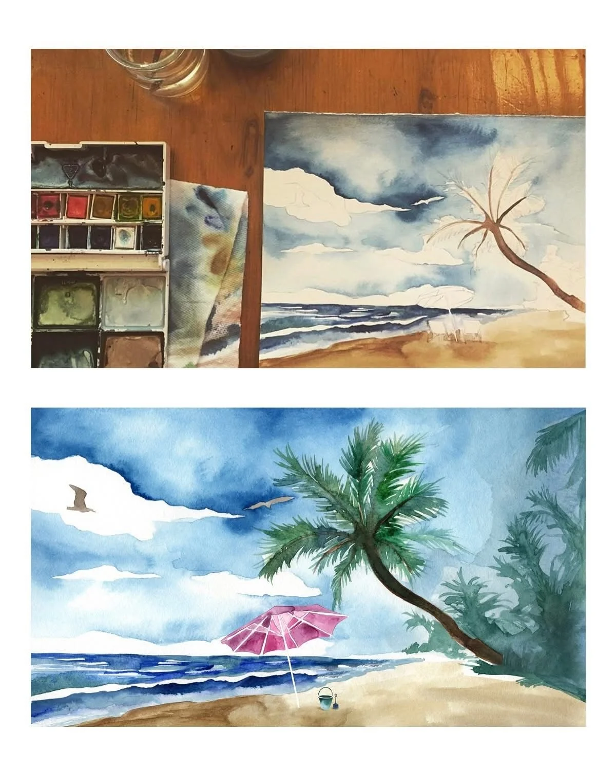 Two watercolor paintings of beach scenes, one showing a cloudy sky with a leaning palm tree, the other featuring a blue sky with a palm tree, umbrella, and seagulls.