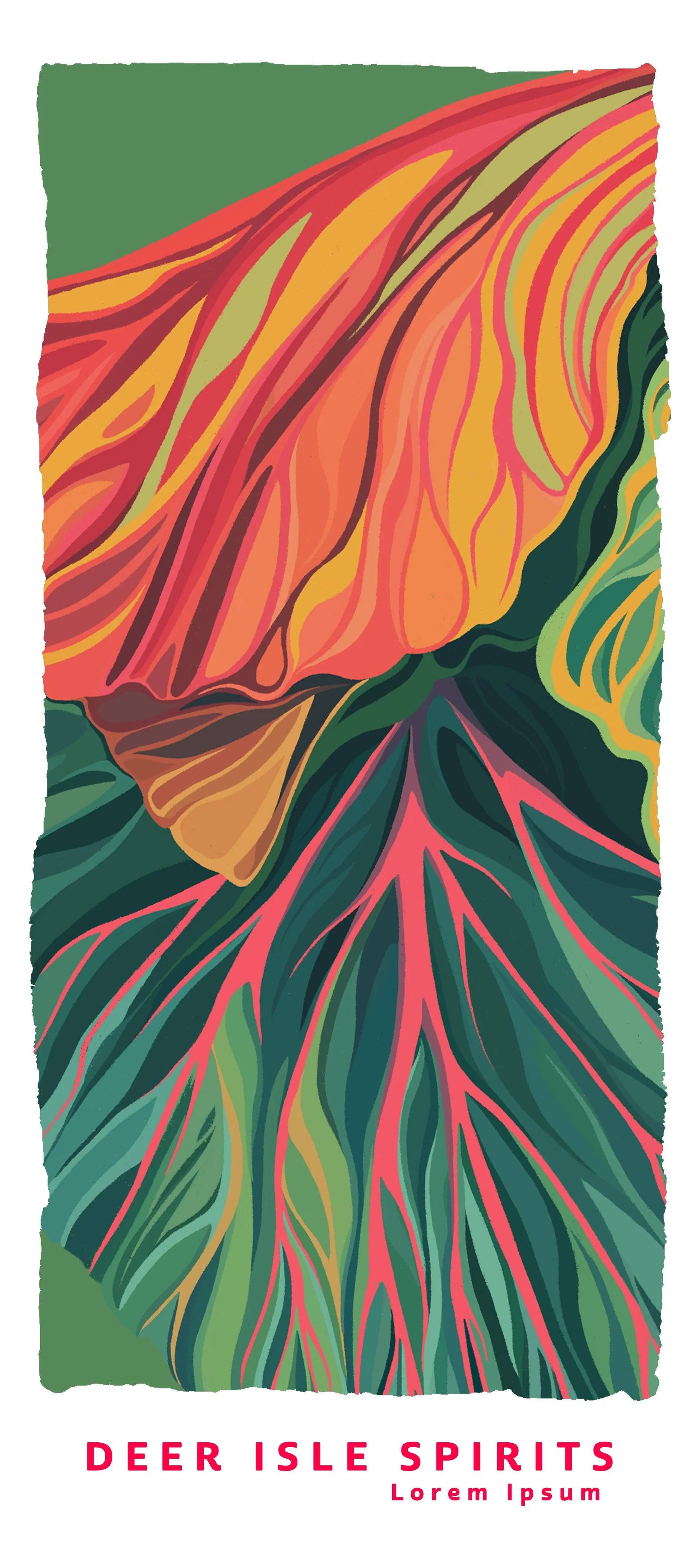 Abstract colorful leaf design with pink, green, yellow, and orange shades, and text 'Deer Isle Spirits Lorem Ipsum' at the bottom.