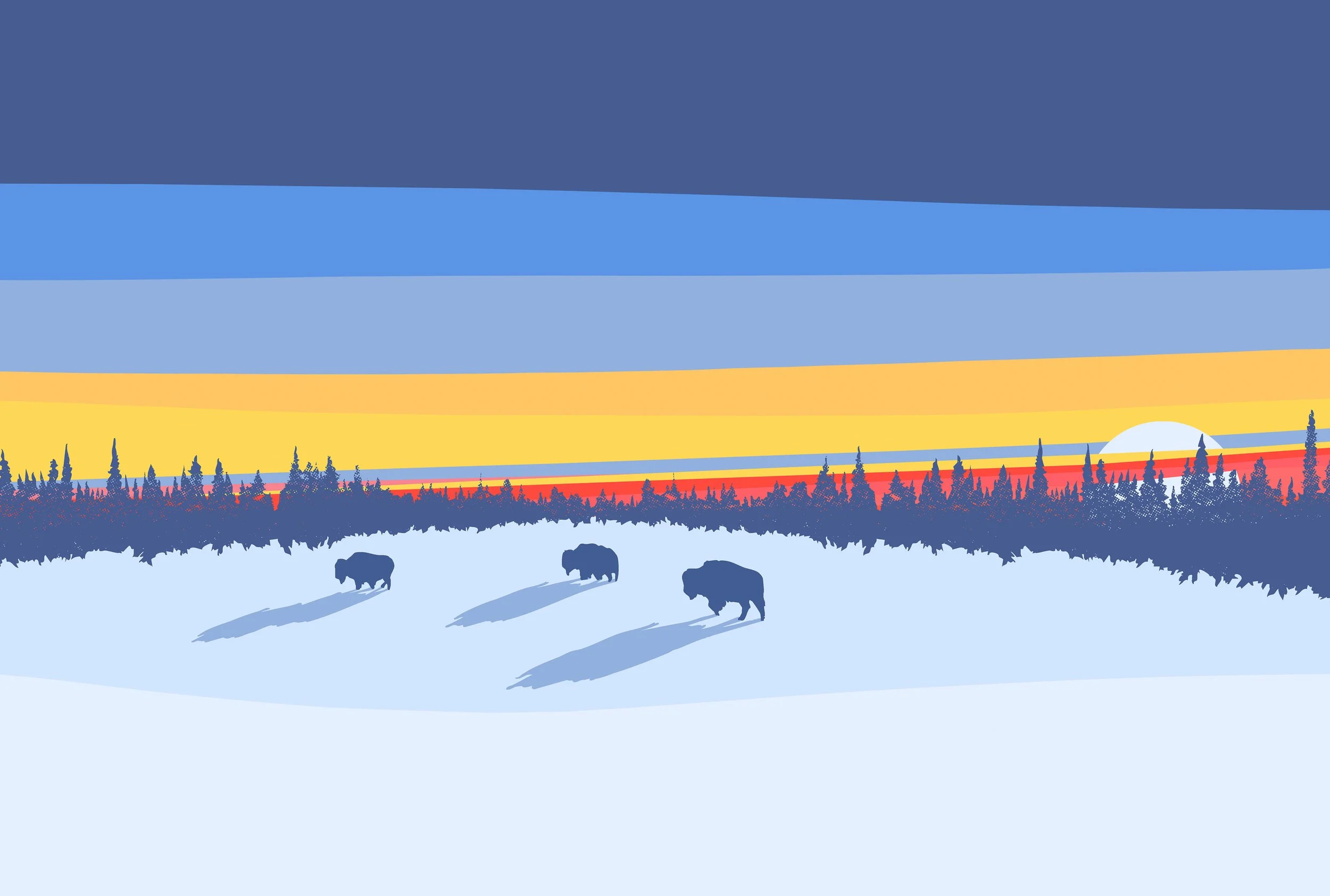 A winter landscape with three bison walking across a snow-covered field during sunset, with a line of trees and a setting sun in the background.