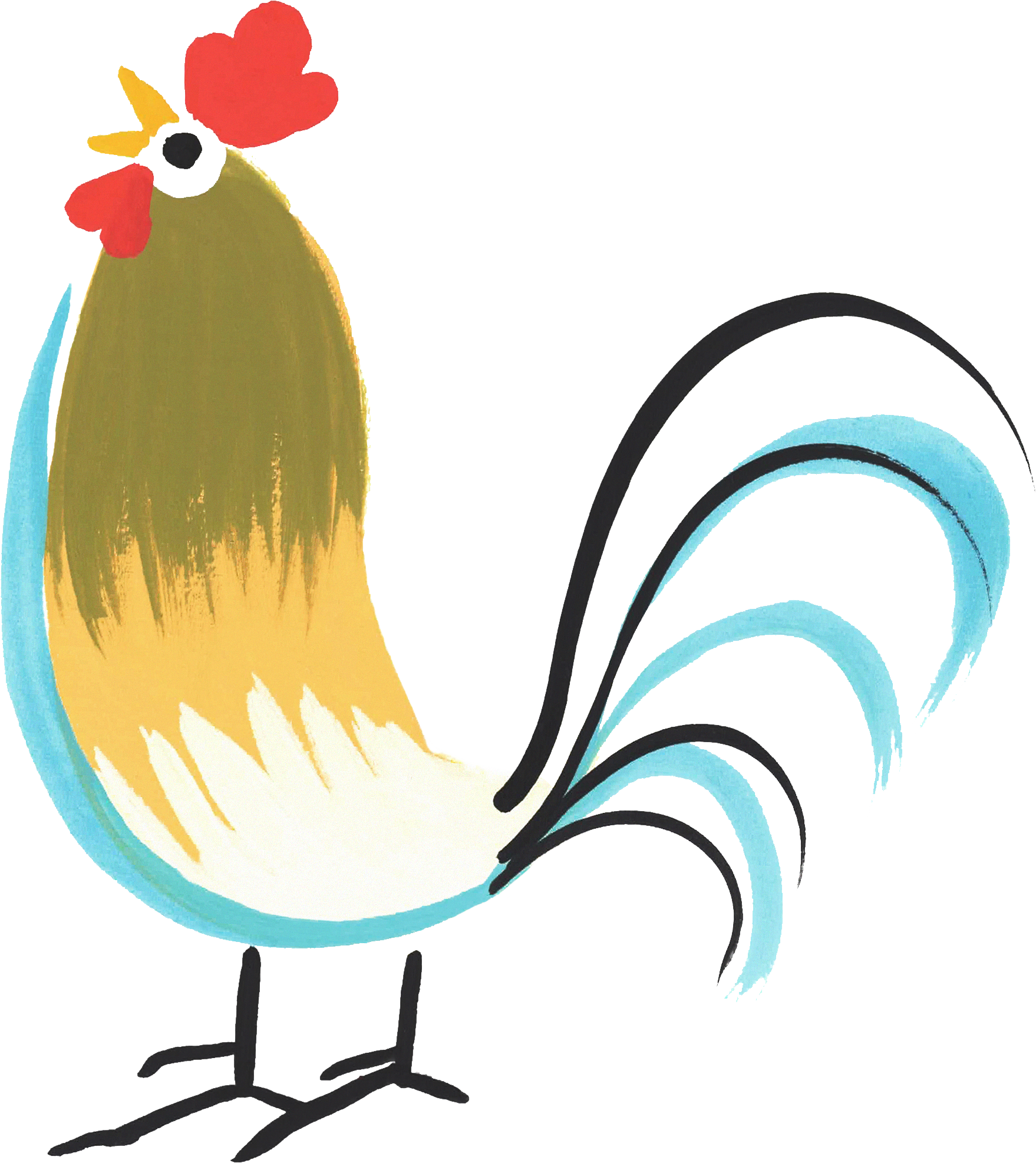 Stylized illustration of a rooster with a brown and yellow body, a red comb and wattles, a white tail, and black lines for legs and tail accents, standing against a light background with blue and black decorative elements.