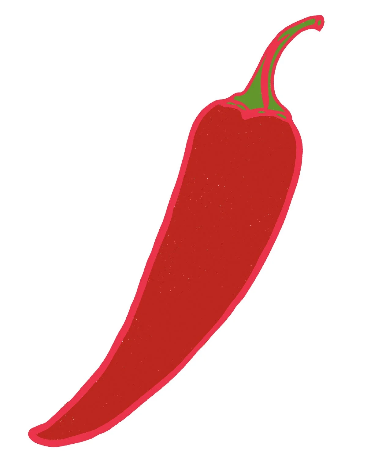 A digital illustration of a red chili pepper with a green stem on a white background.