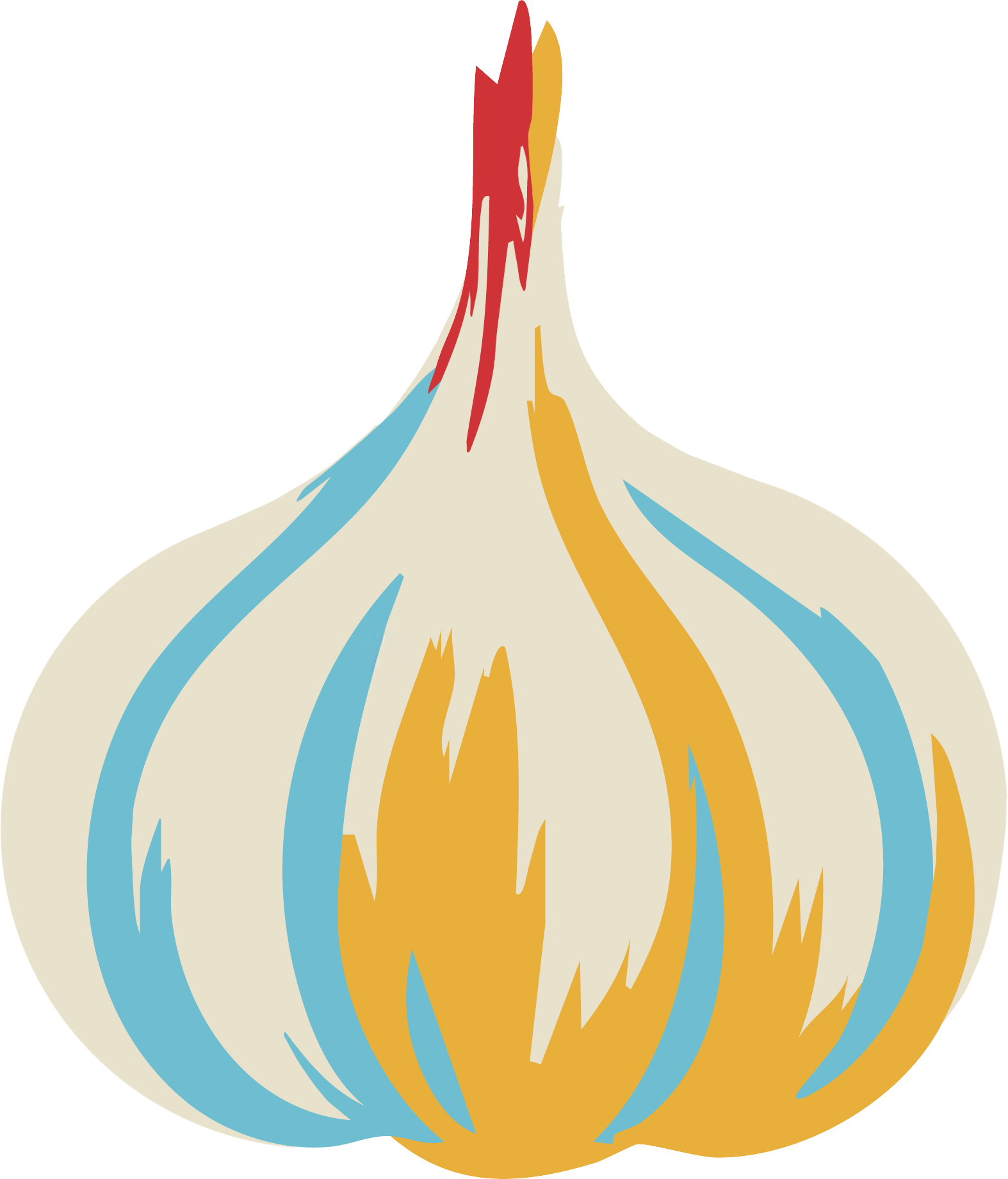 A digital illustration of a garlic bulb with colored streaks of red, beige, yellow, and blue on a black background.