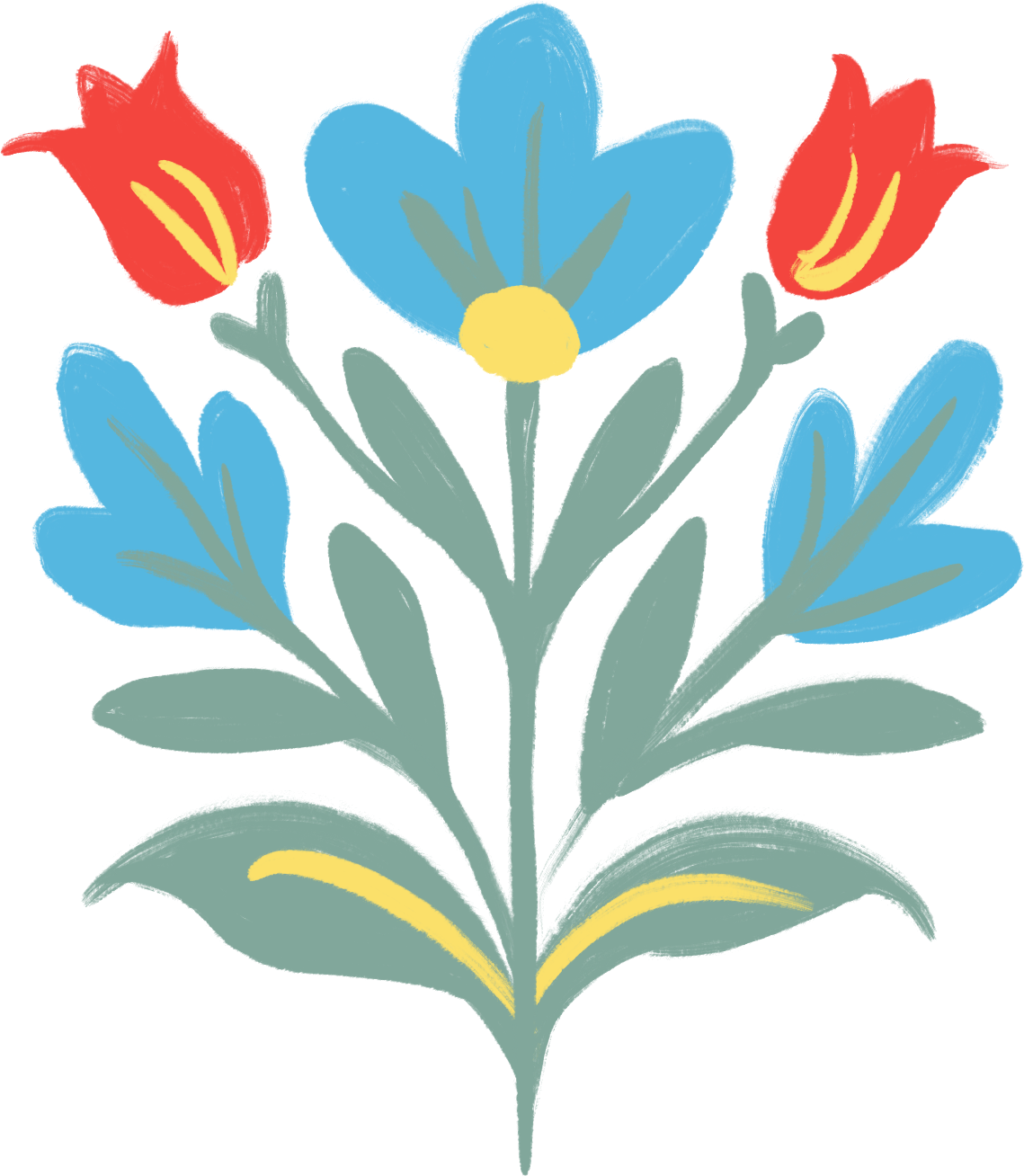 A colorful, stylized illustration of a blooming flower with blue petals, yellow center, and red surrounding flowers, set against a red background.