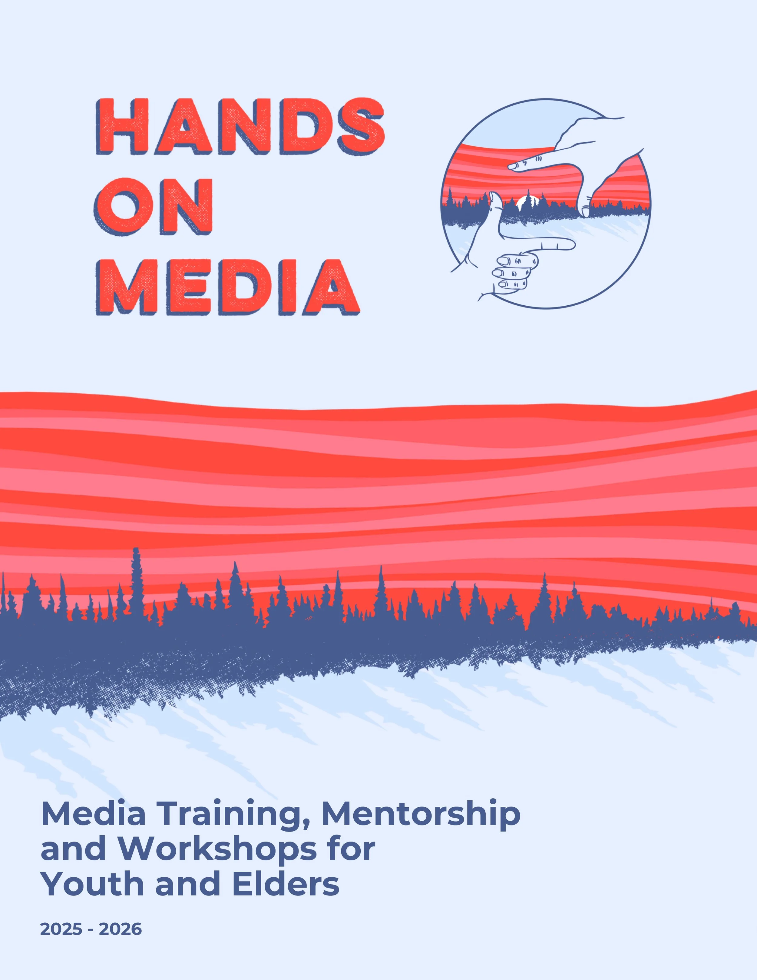 Cover of a media training guide titled 'Hands on Media', featuring an illustrated landscape with trees, a sunset, and a hand gesture illustration.