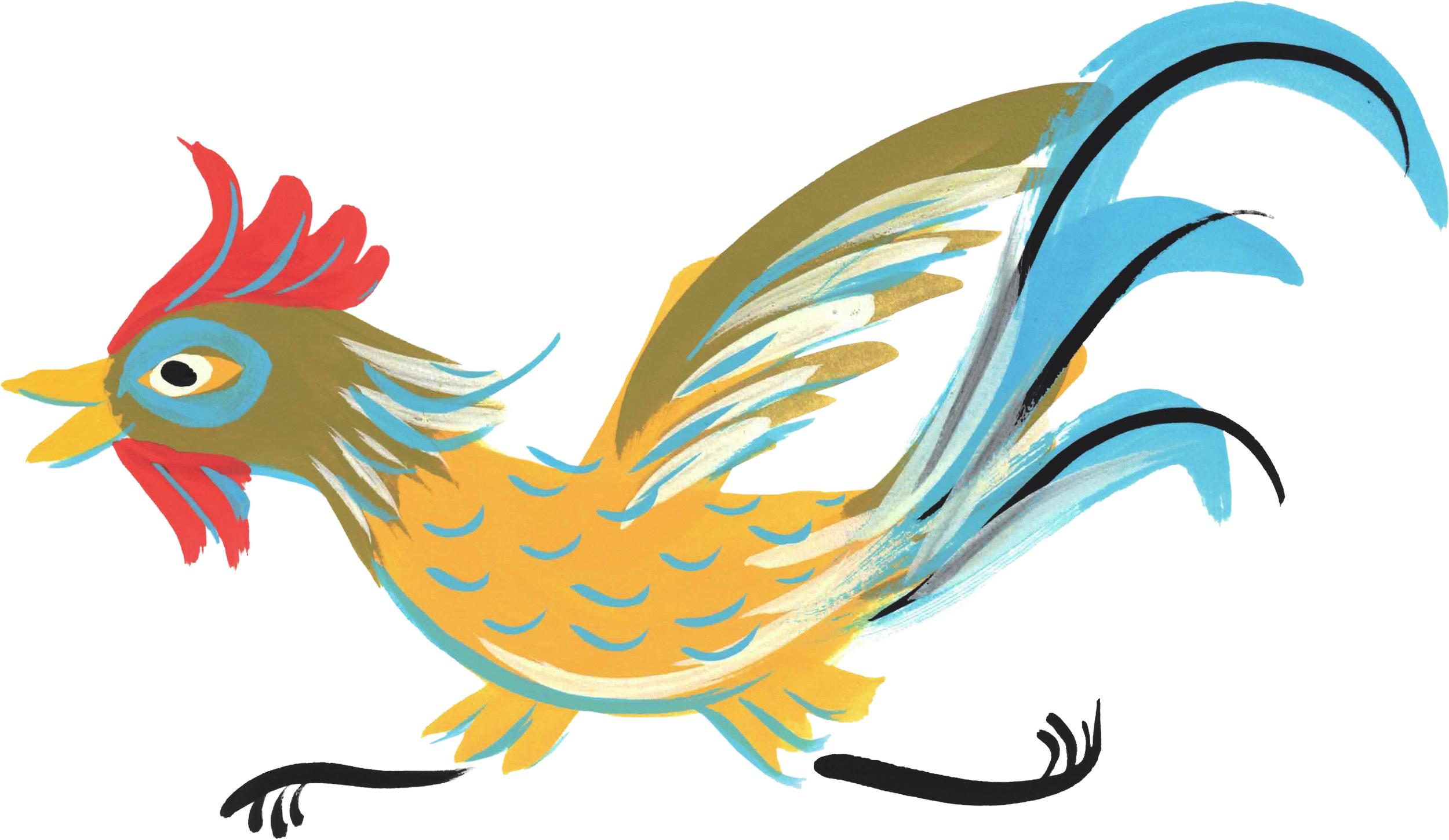 Stylized illustration of a rooster with a colorful, abstract design including red, blue, yellow, and gold feathers, a yellow beak, and a red comb on its head.