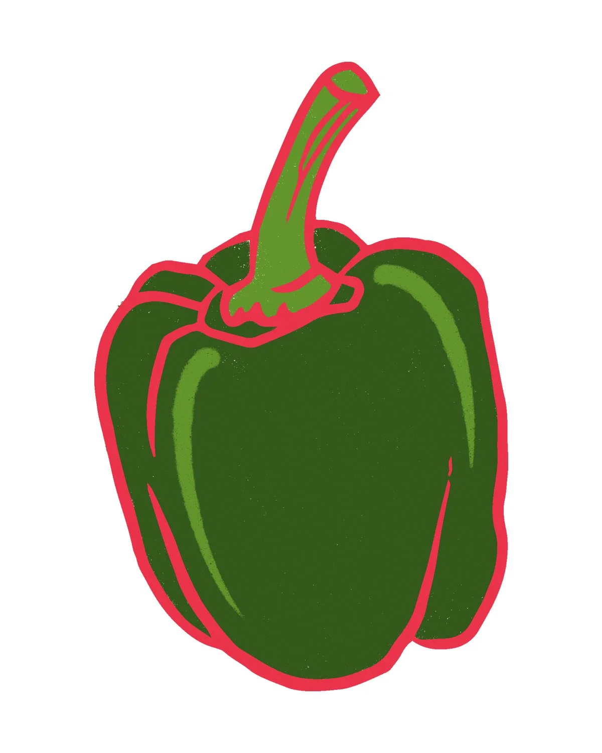 Digital illustration of a green bell pepper outlined in pink.