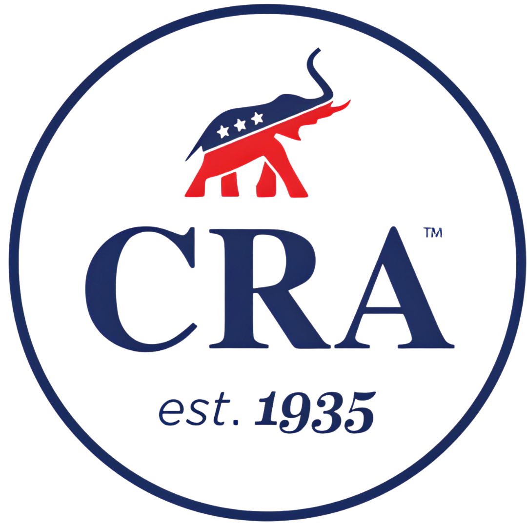 Logo of CRA with a stylized elephant incorporating the American flag colors, and text 'CRA est. 1935'.
