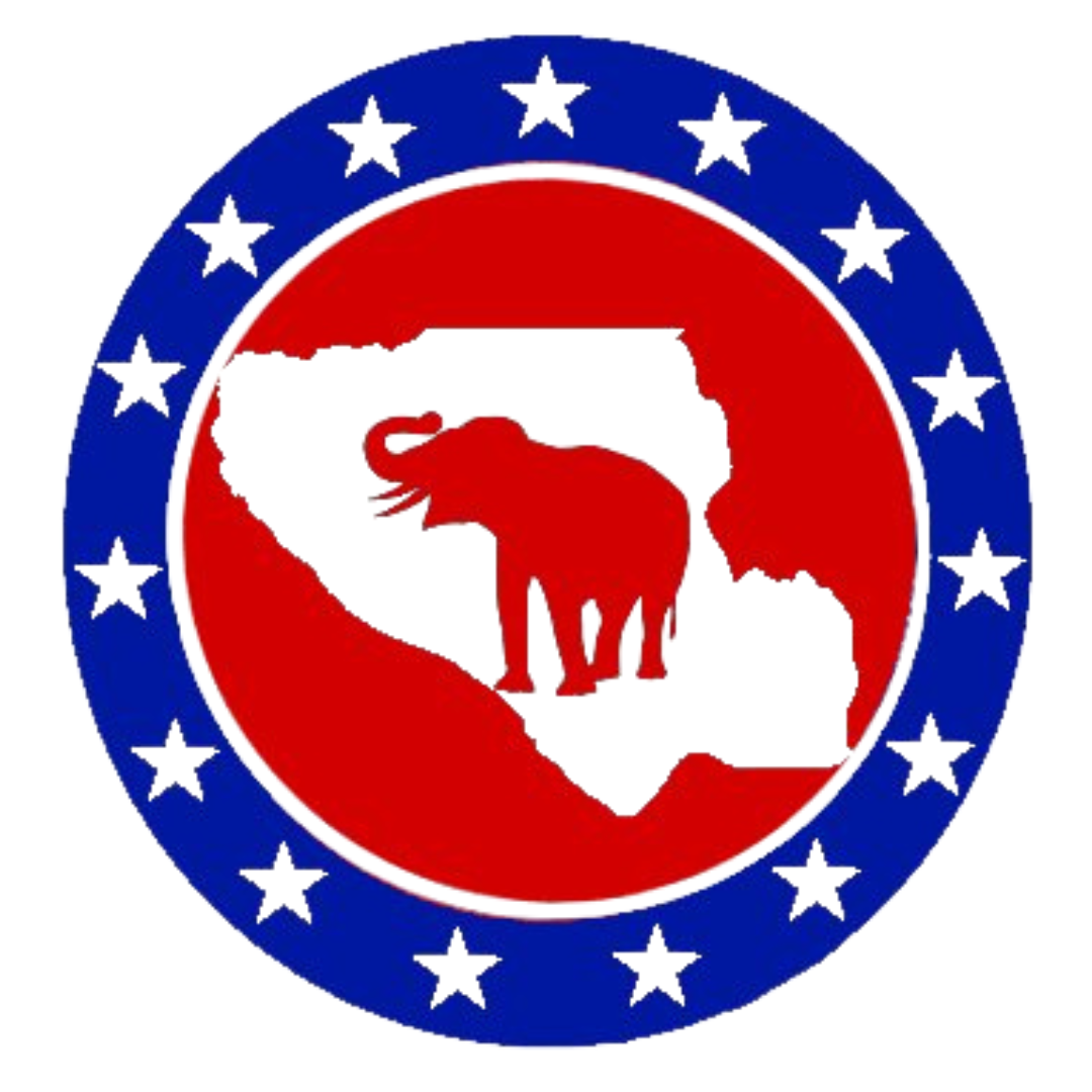 Santa Clare County Republican Party circular emblem with a blue outer ring and white stars, a red inner ring, and a white shape of Santa Clara County in California in the center. Inside, there is a silhouette of an elephant.