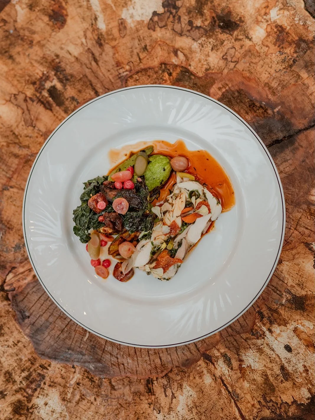 Ramstane chicken terrine, bbq greens, fermented berries and bbq chicken heart jus. A labour of love and the perfect way to use every part of @ramstanefarm chooks. @catriona_parmenter_photography 

Supper club |  Scotland | nose to tail | cooking with