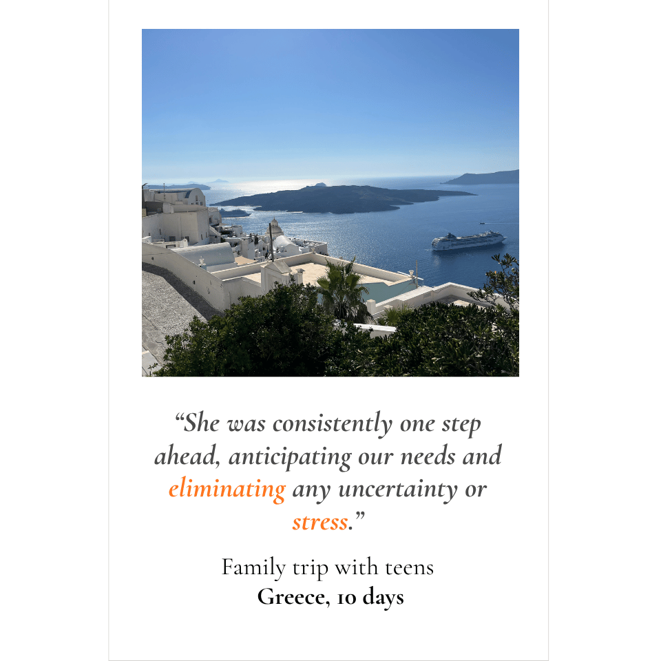Scenic view of whitewashed buildings overlooking the Aegean Sea in Greece — testimonial from a 10-day family trip with teens.