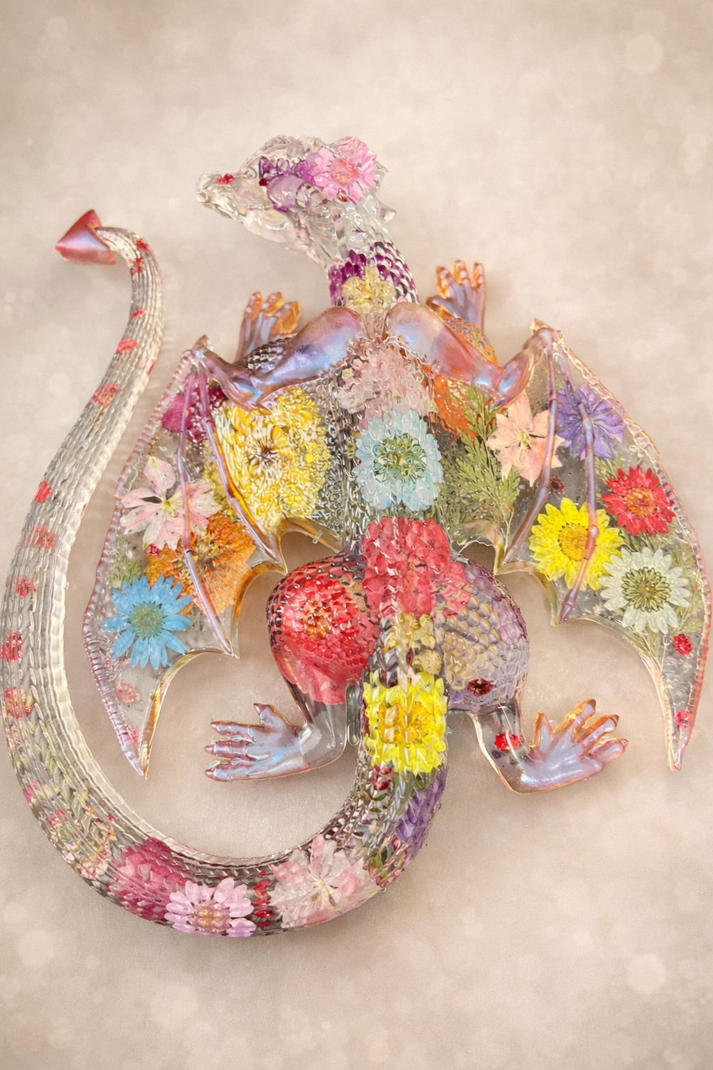 Guardian Bloom, a handcrafted resin dragon adorned with colorful flowers and intricate details, created by JussJai as a one-of-a-kind floral fantasy art piece.