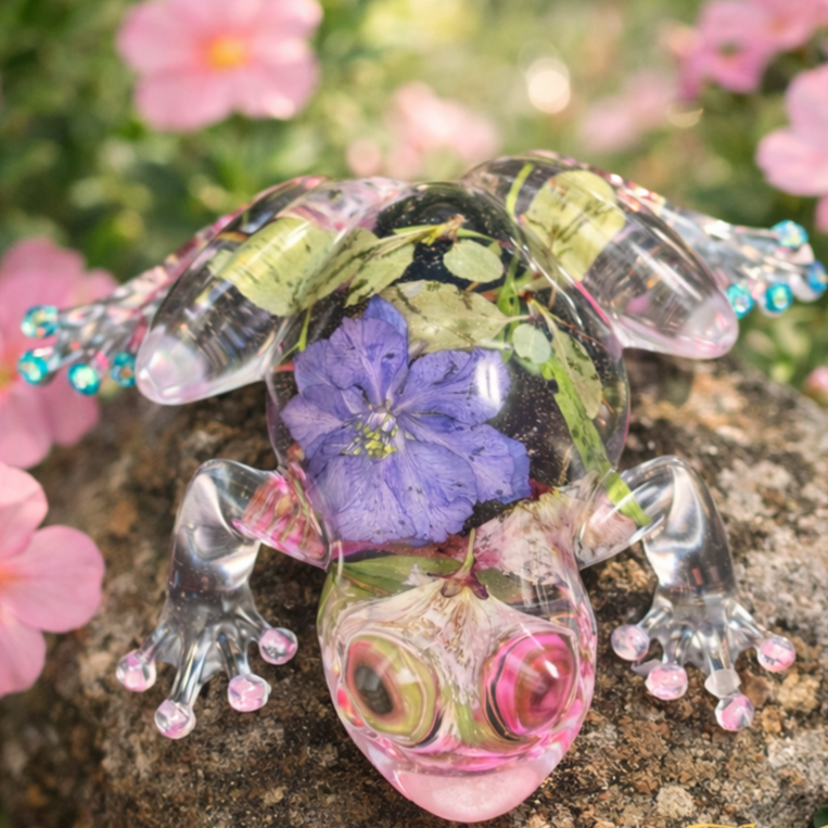 Bloom Keeper, a handcrafted resin floral frog featuring real flowers preserved in crystal-clear resin, created by JussJai.